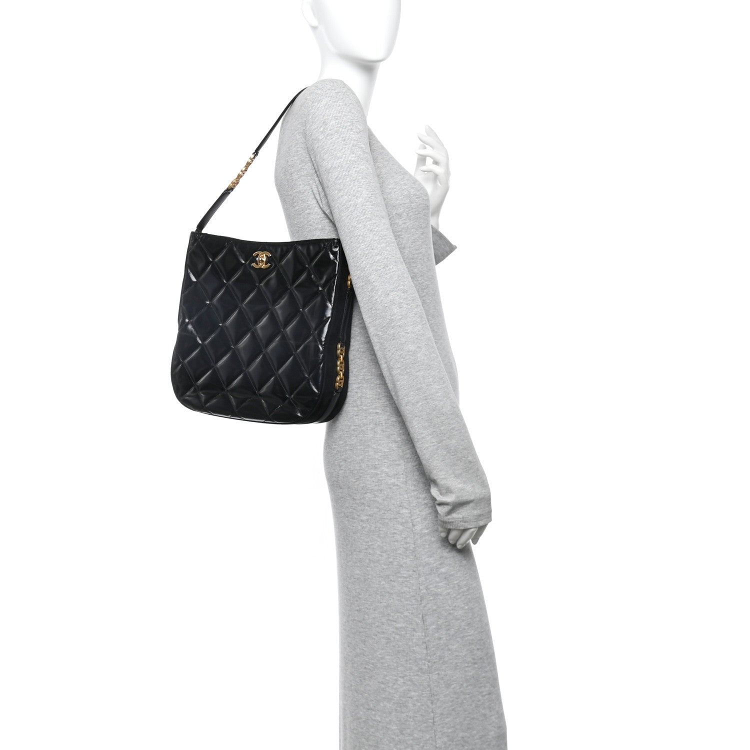 Shiny Calfskin Suede Goatskin Quilted Hobo Black