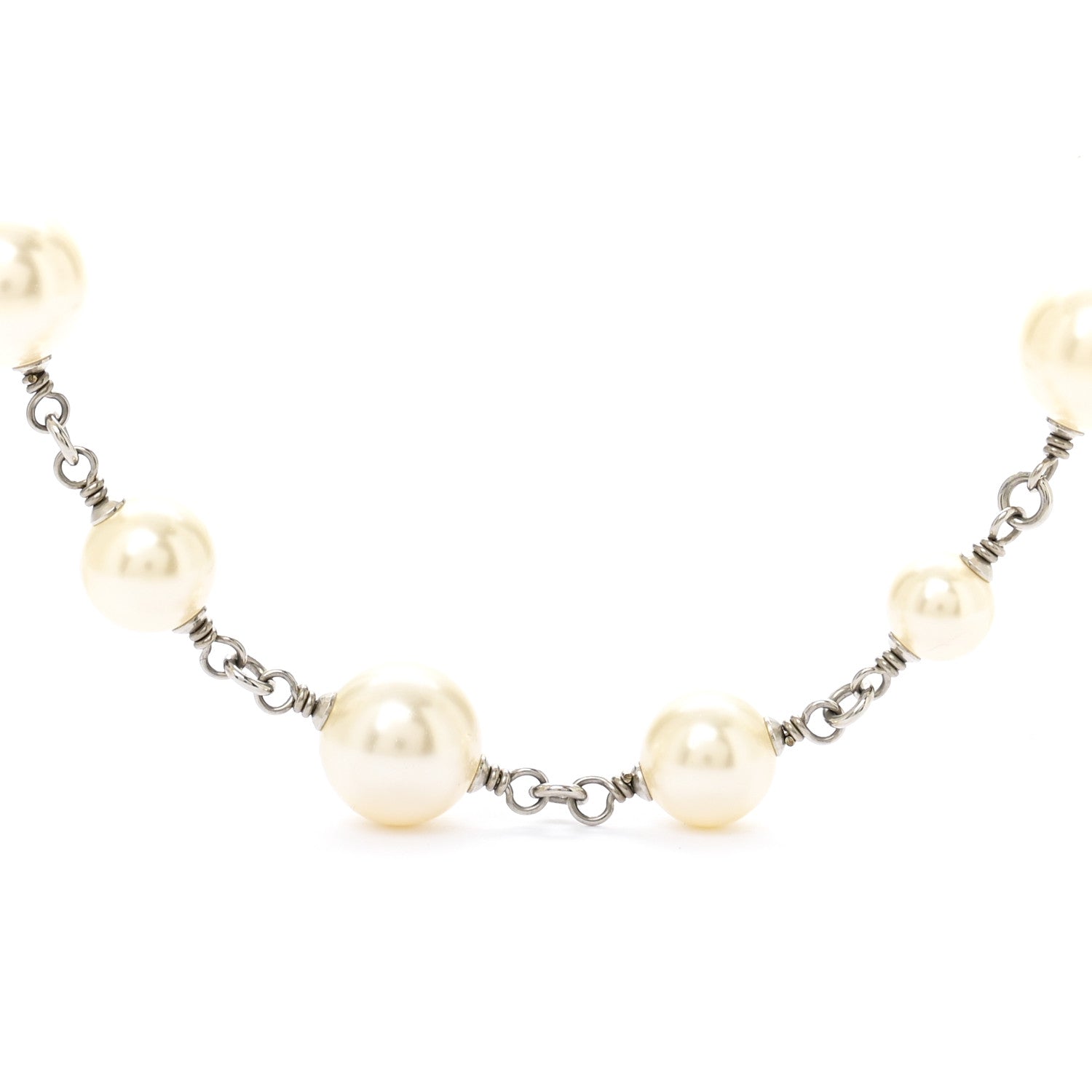 Graduated Pearl Crystal CC Long Necklace Silver
