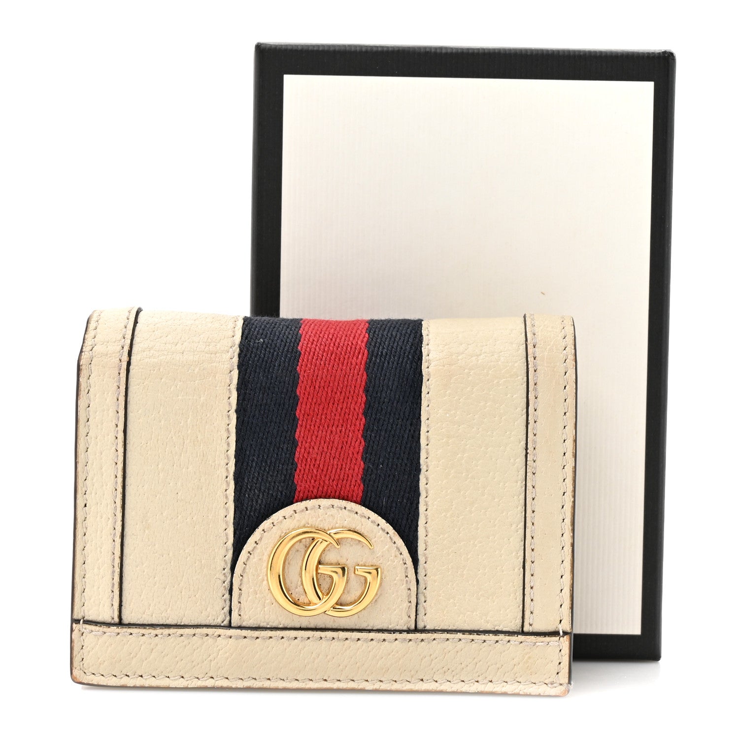 Textured Calfskin Web Ophidia Card Case Mystic White