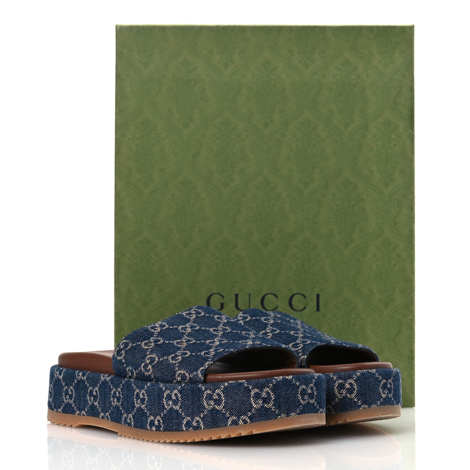 New Denim GG Monogram Angelina Platform 55mm Slide Sandals 40 Blue Tea