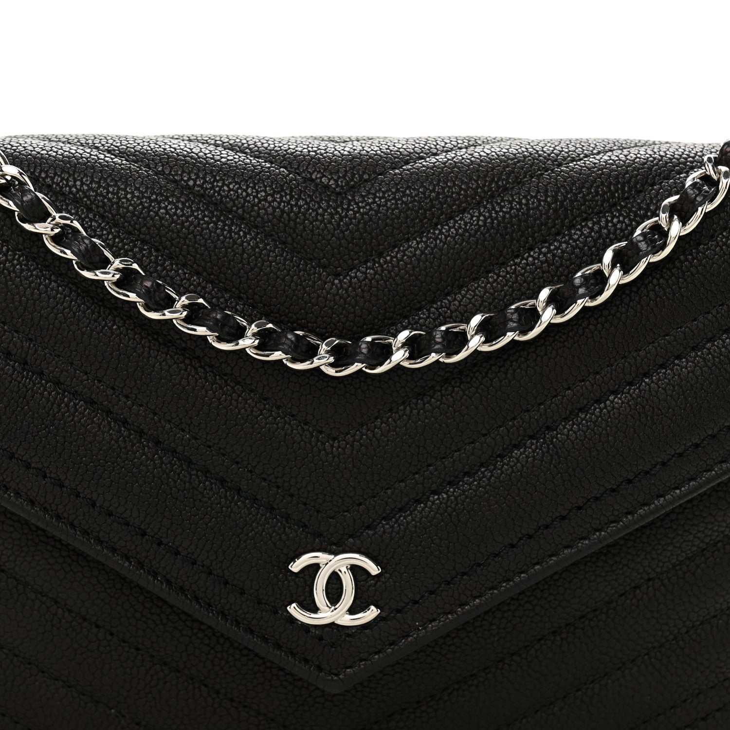 Goatskin Chevron Quilted Statement Wallet On Chain WOC Black