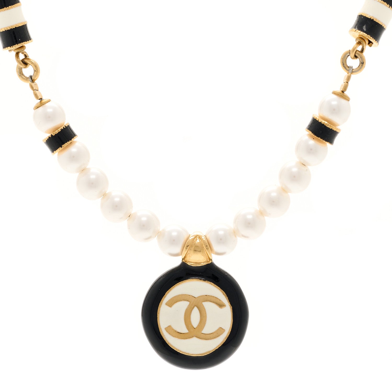 Pearl Enamel CC Short Necklace White Gold Black