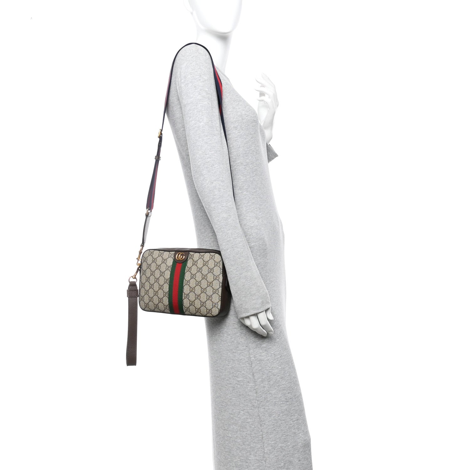 GG Supreme Monogram Textured Dollar Calfskin Web Ophidia Wristlet Shoulder Bag Beige Ebony New Acero