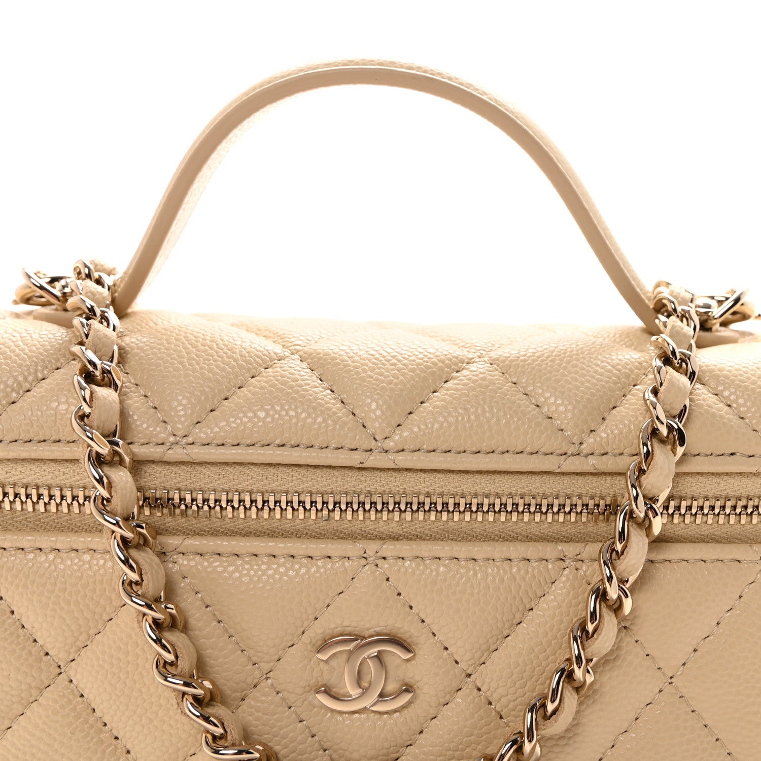 Caviar Quilted Top Handle Slim Vanity With Chain Beige