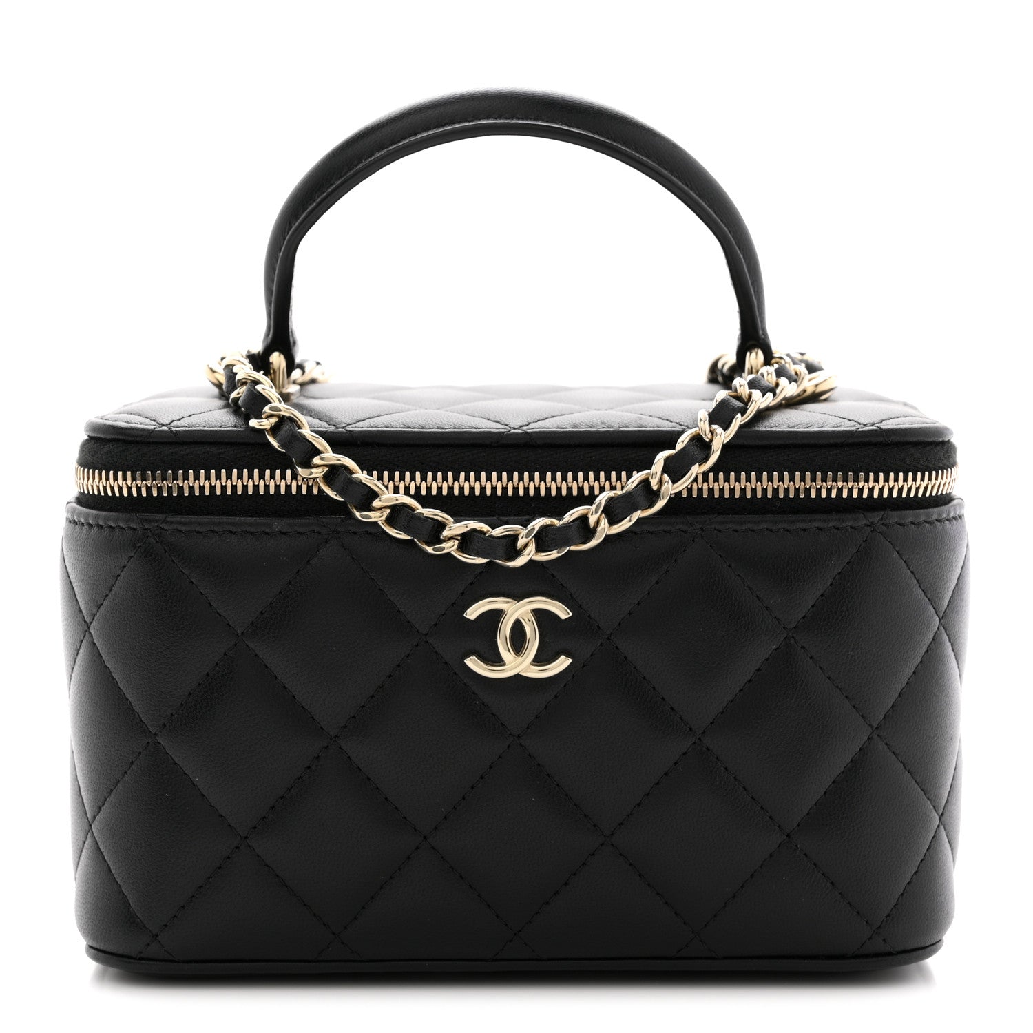 Lambskin Quilted Small Top Handle Vanity Case With Chain Black