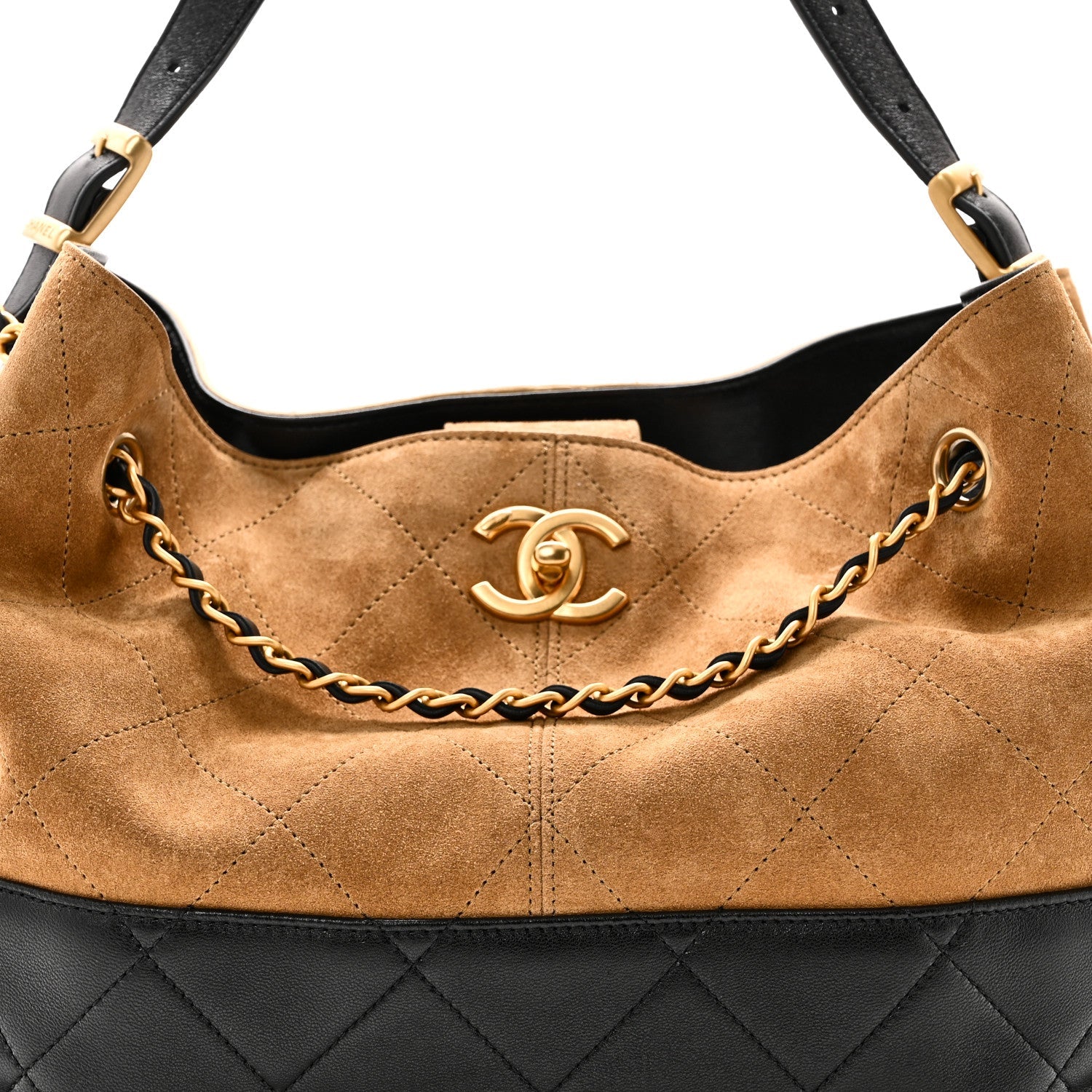Suede Calfskin Shiny Lambskin Quilted Small Shopping Bag Beige Black