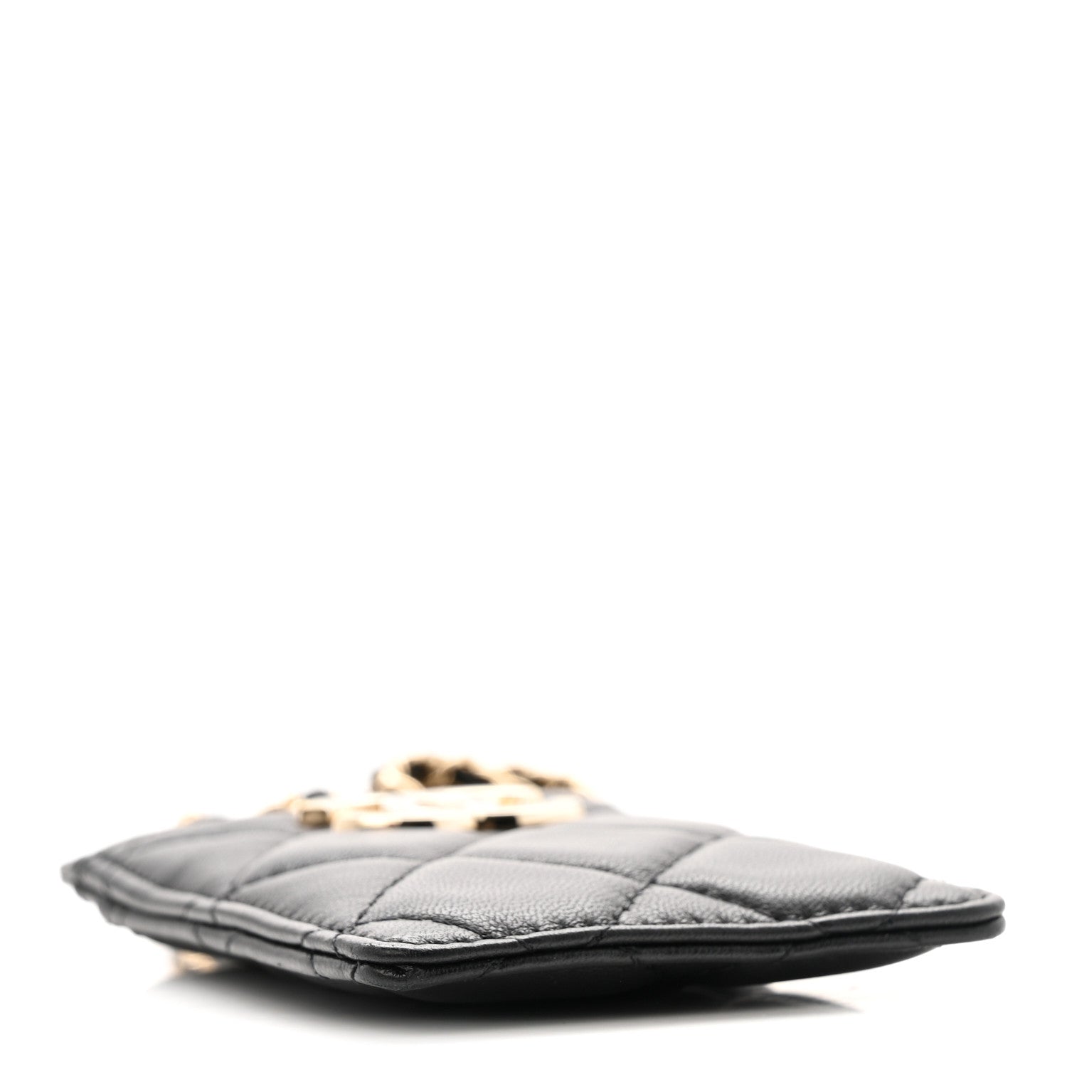 Lambskin Quilted Glitter Card Holder On Chain Black
