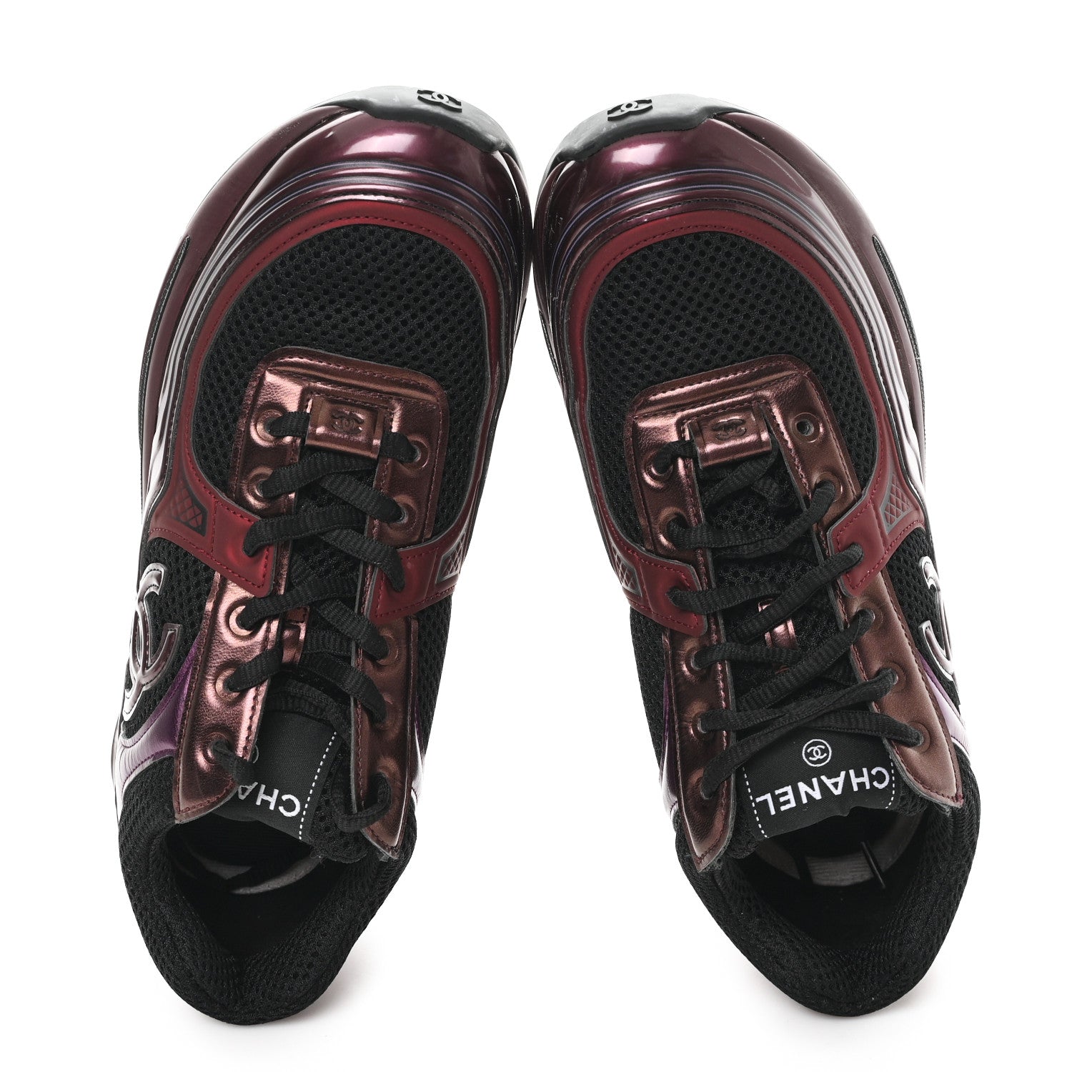 Fabric Laminated Calfskin Stretch CC Womens Sneakers 37.5 Black Purple Burgundy