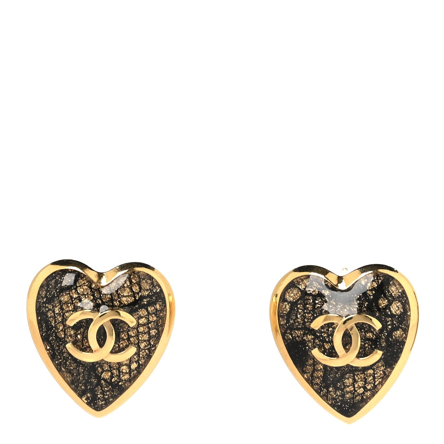 Metal Lace Resin Glass CC Heart Earrings Gold Black