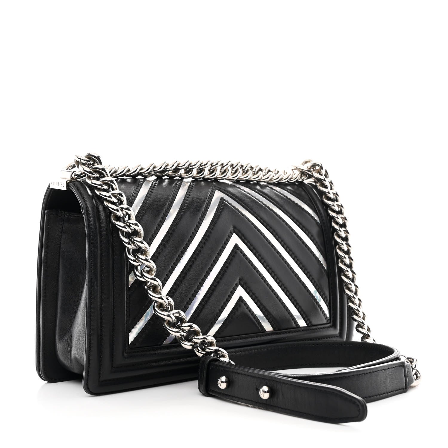 Lambskin Iridescent PVC Chevron Quilted Medium Boy Flap Black Silver