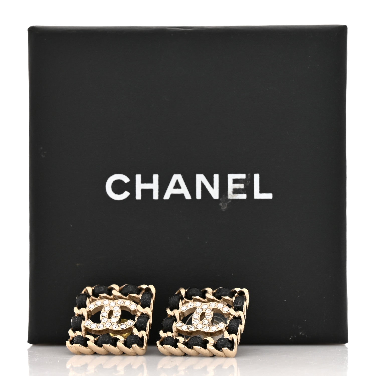 Crystal Lambskin Chain Sergeant Chanel Stud Earrings Black Gold