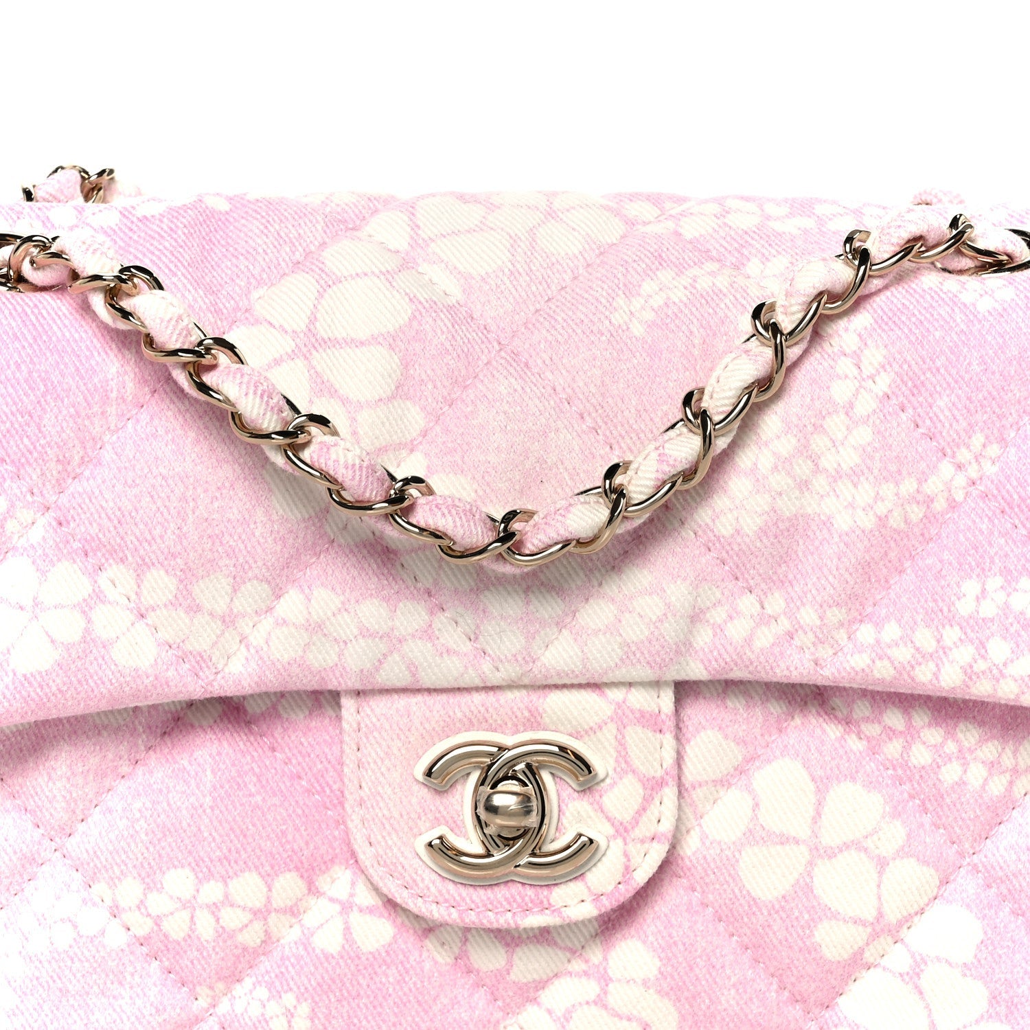 Printed Denim Quilted Flap Bag Pink White
