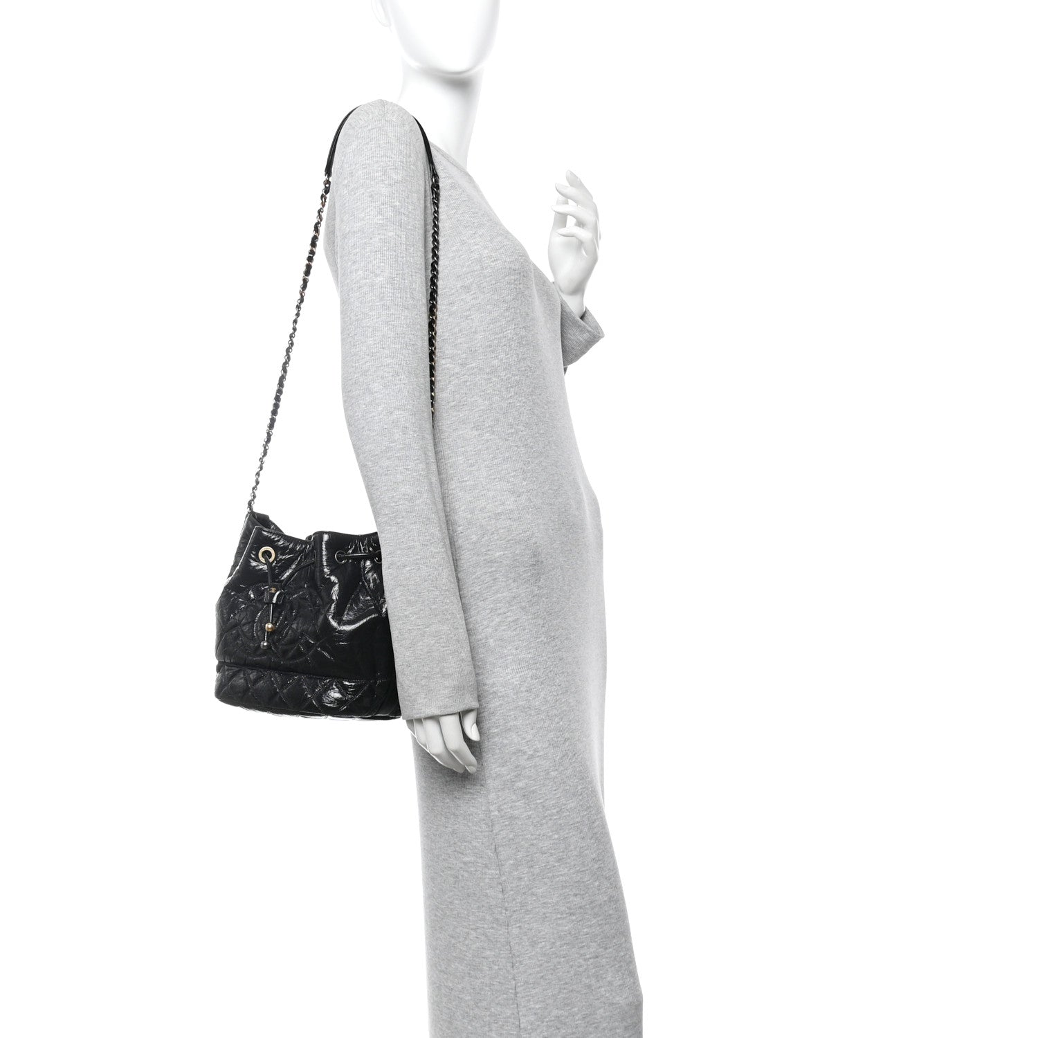 Shiny Aged Calfskin CC Chain Drawstring Bag Black