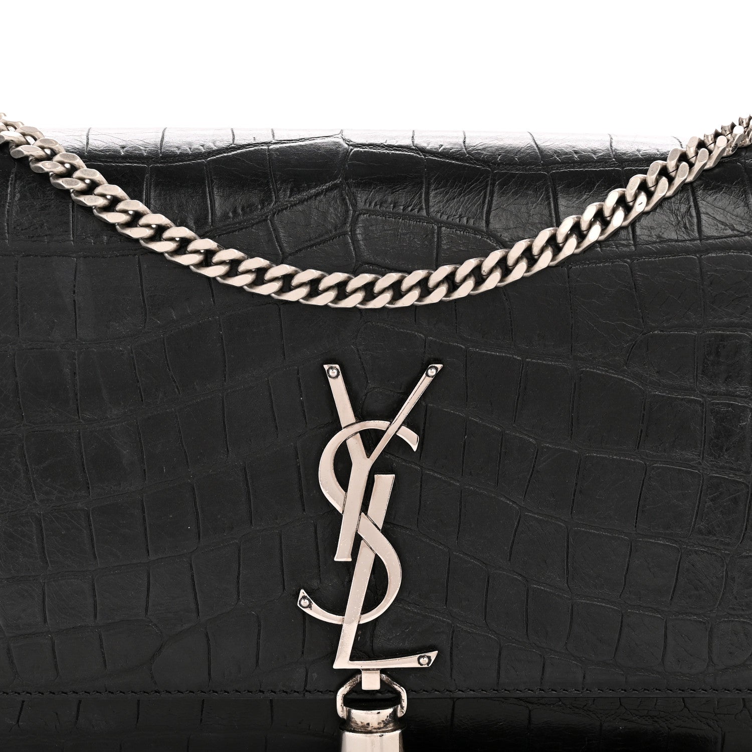 Calfskin Crocodile Embossed Medium Classic Monogram Kate Tassel Satchel Black