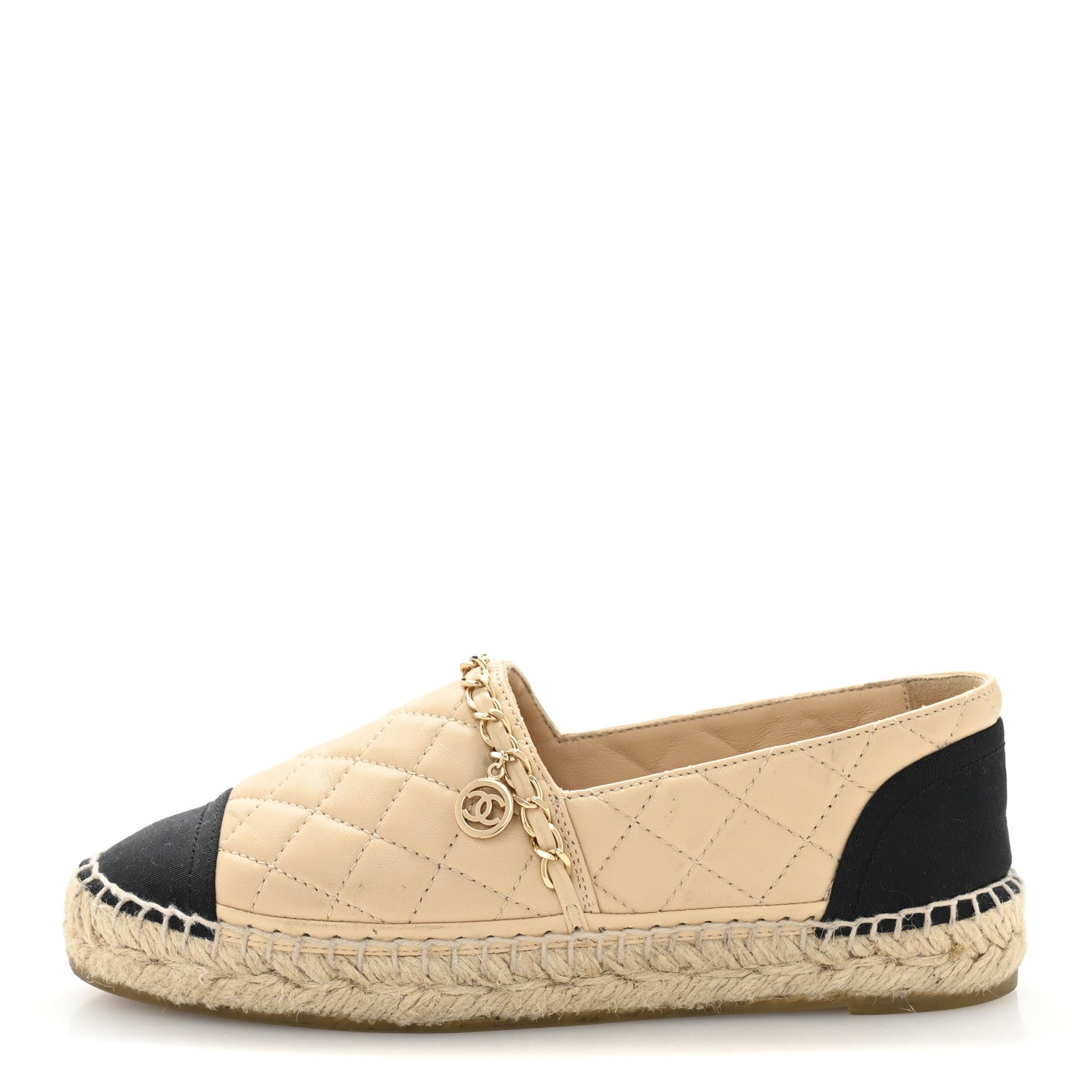 Lambskin Grosgrain Quilted CC Chain Espadrilles 35 Beige Black