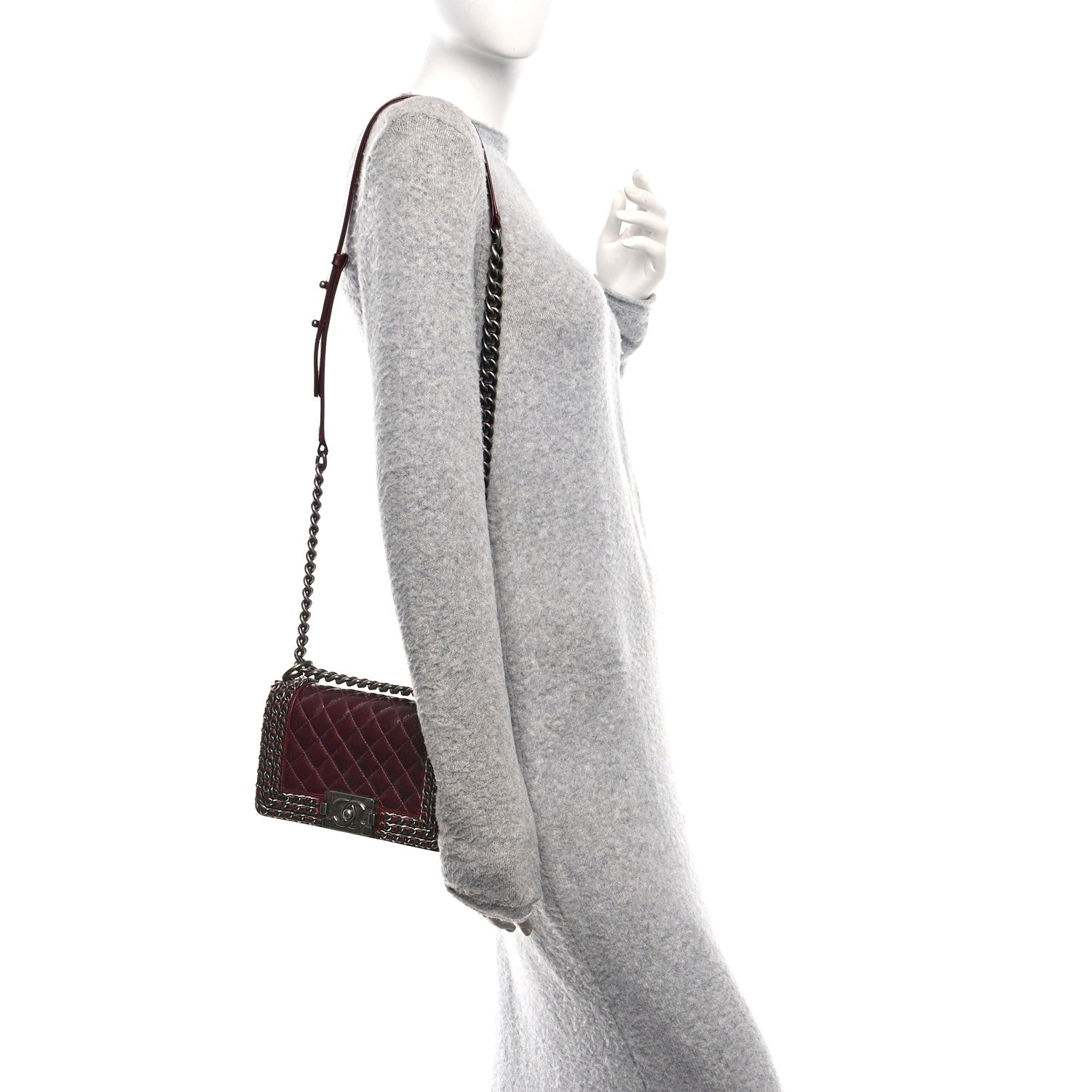 Glazed Calfskin Quilted Small Boy Chained Flap Burgundy