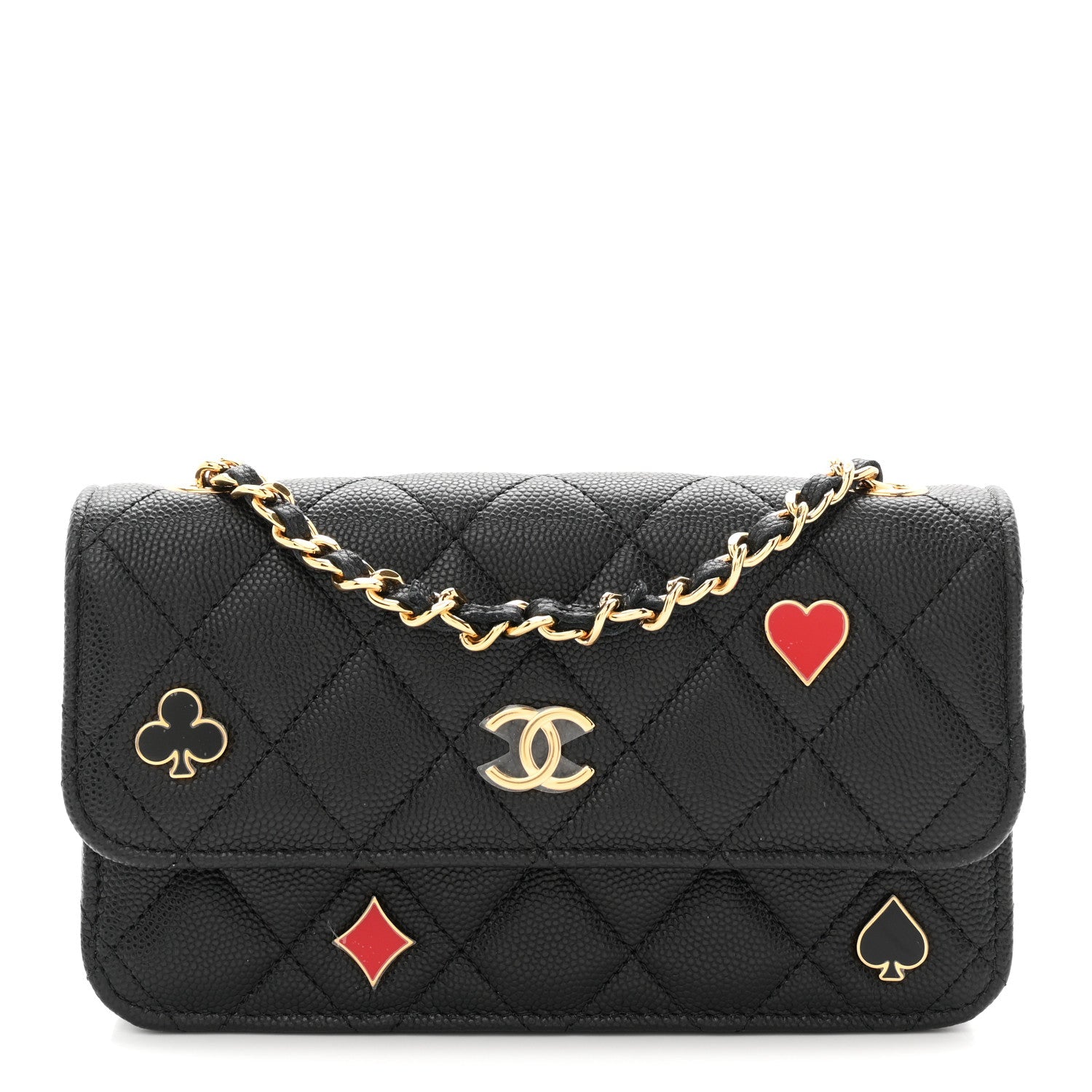 Caviar Quilted Enamel Coco Casino Flap Phone Holder With Chain Black
