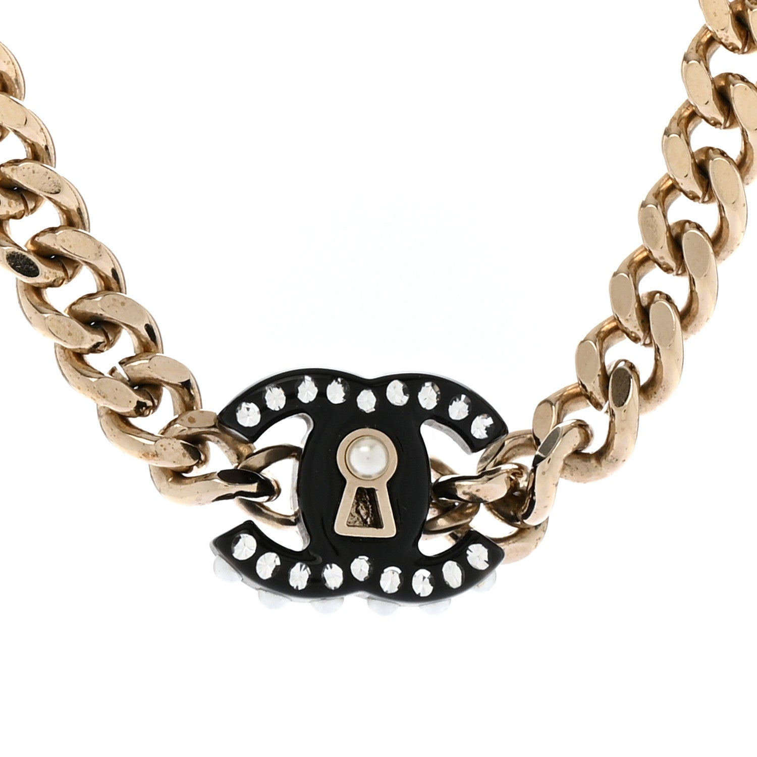 Crystal Pearl CC Lock Short Necklace Gold Black