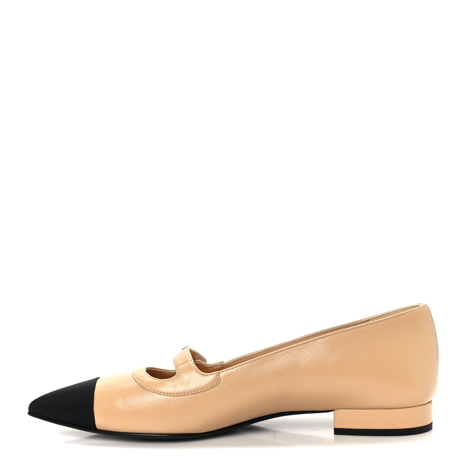 Shiny Lambskin Grosgrain Pointed Toe CC Ballet Flats 37.5 Beige Black