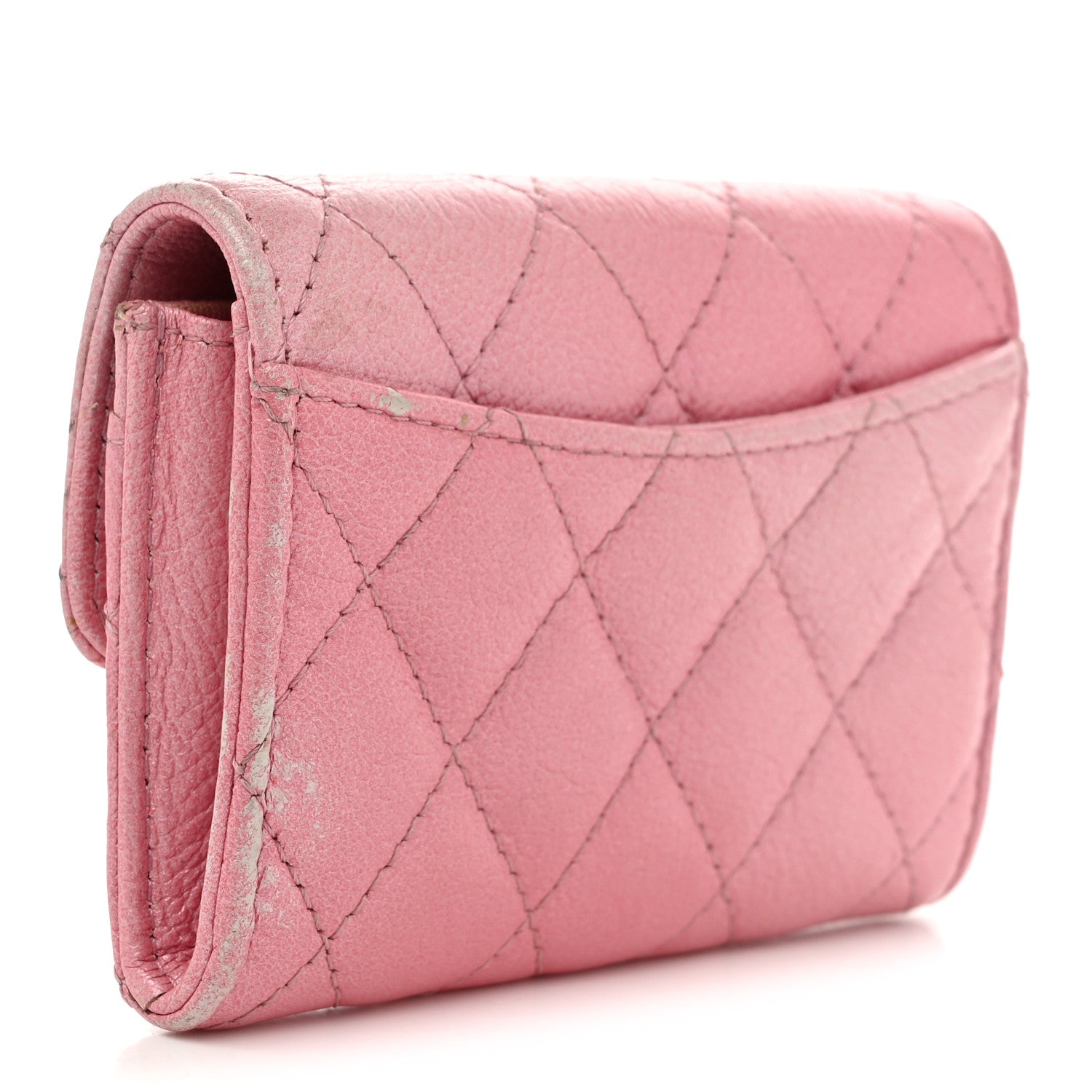 Iridescent Aged Calfskin Quilted Flap Card Holder Wallet Pink