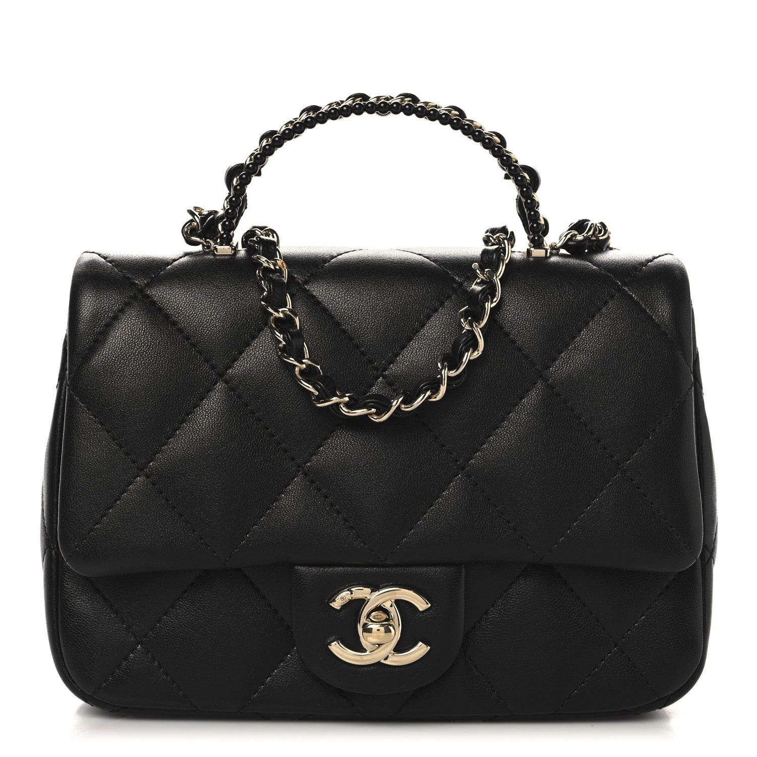 Lambskin Quilted Resin Pearl Chain Top Handle Flap Black