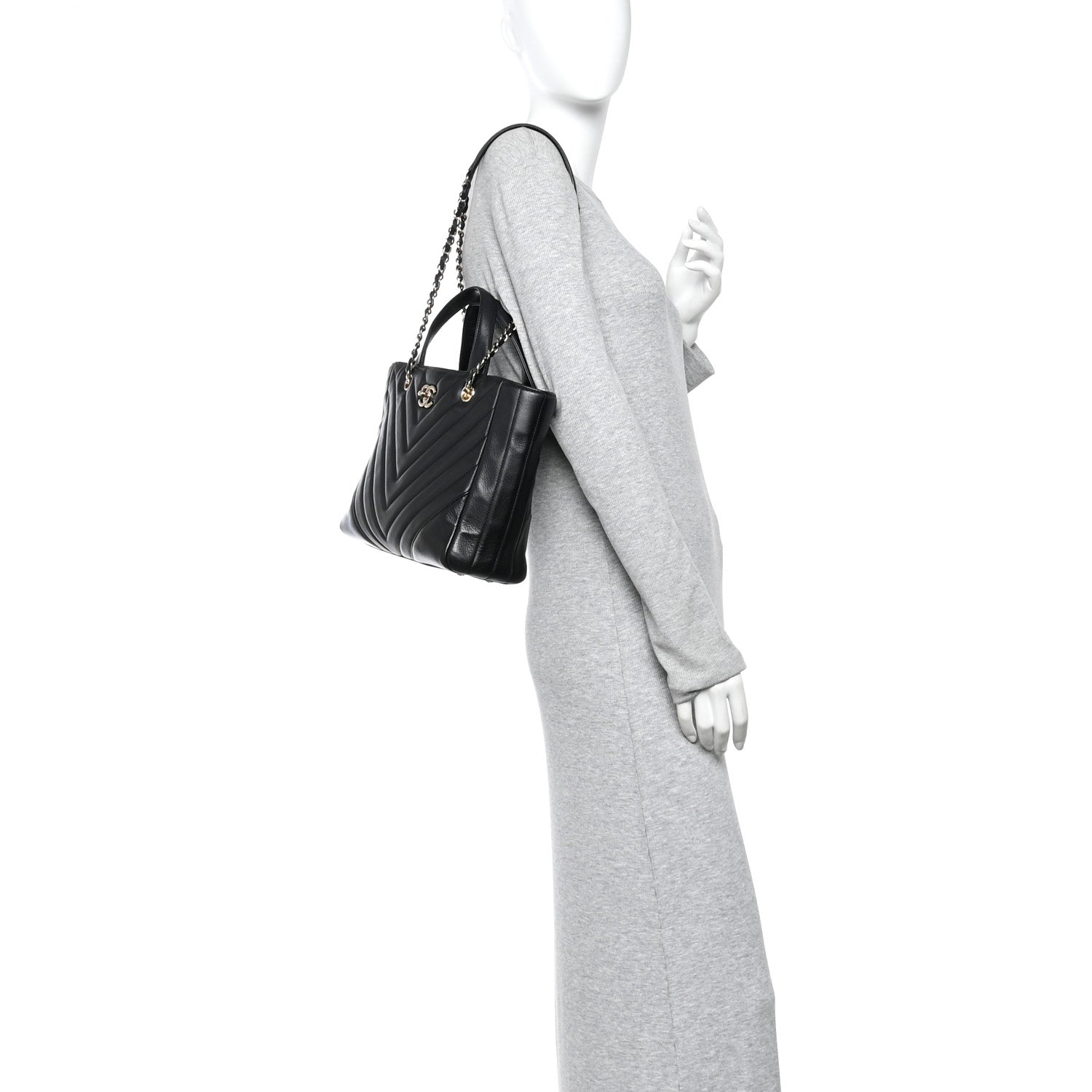 Calfskin Chevron Quilted Statement Shopping Tote Black