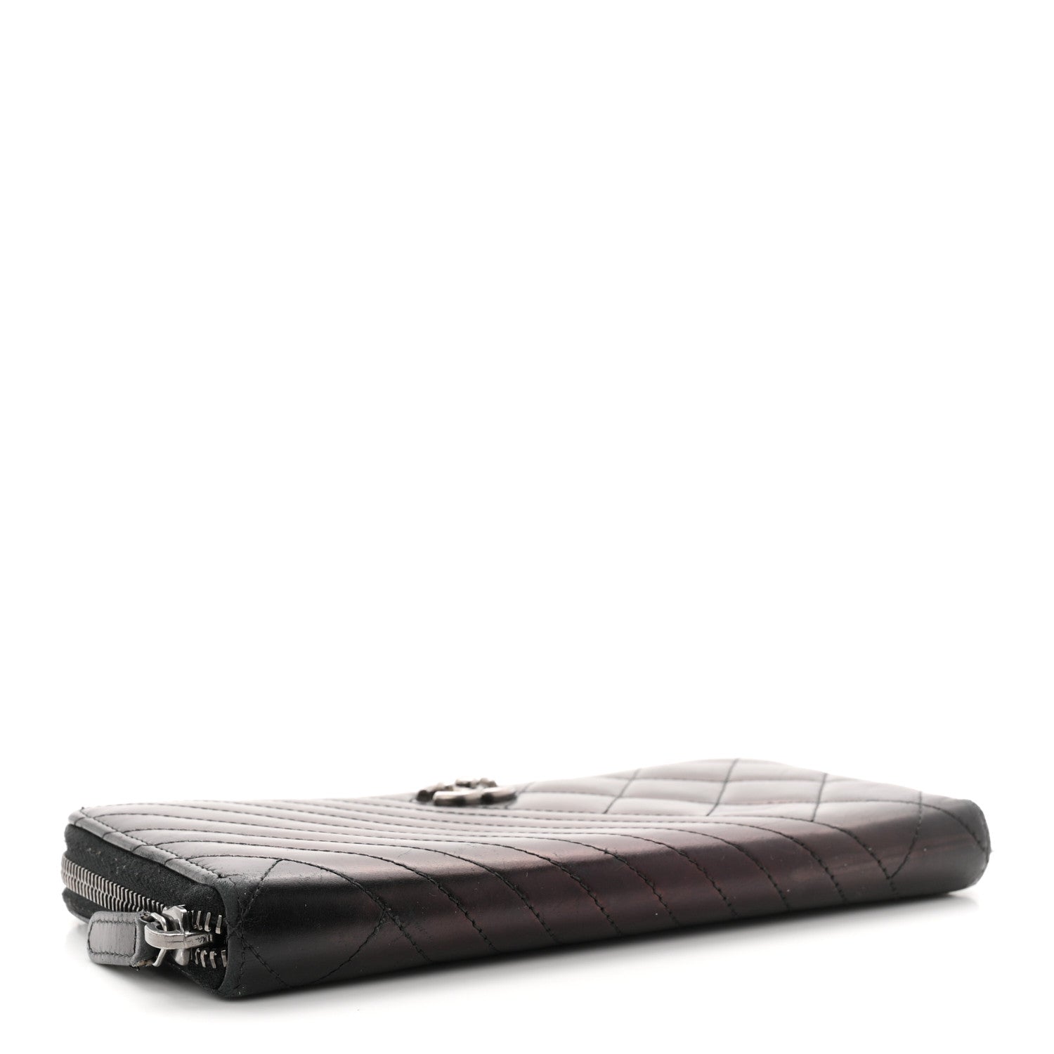 Glazed Calfskin Quilted Small Coco Boy Zip Around Wallet Black