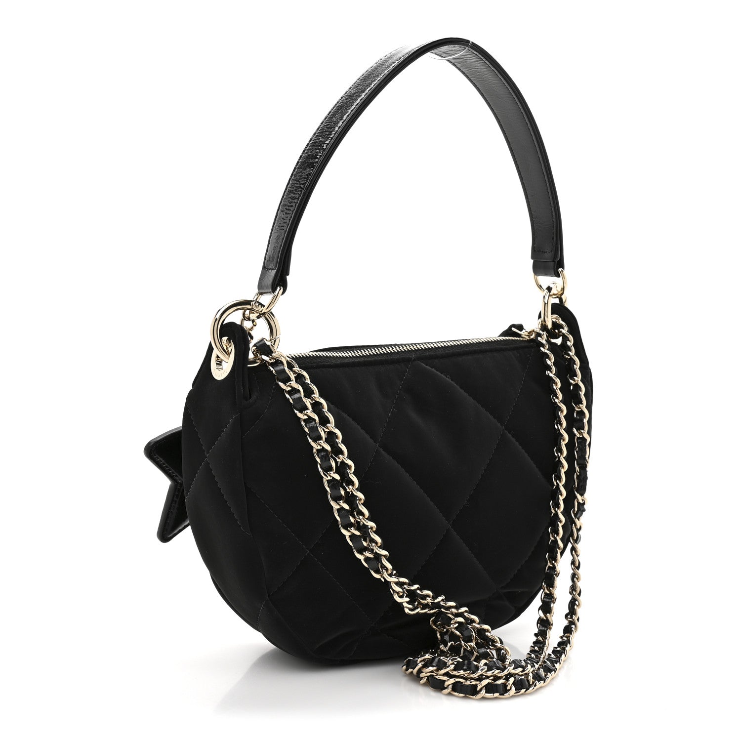 Velvet Effect Nylon Shiny Crumpled Calfskin Coco Neige Quilted Clutch With Chain Black