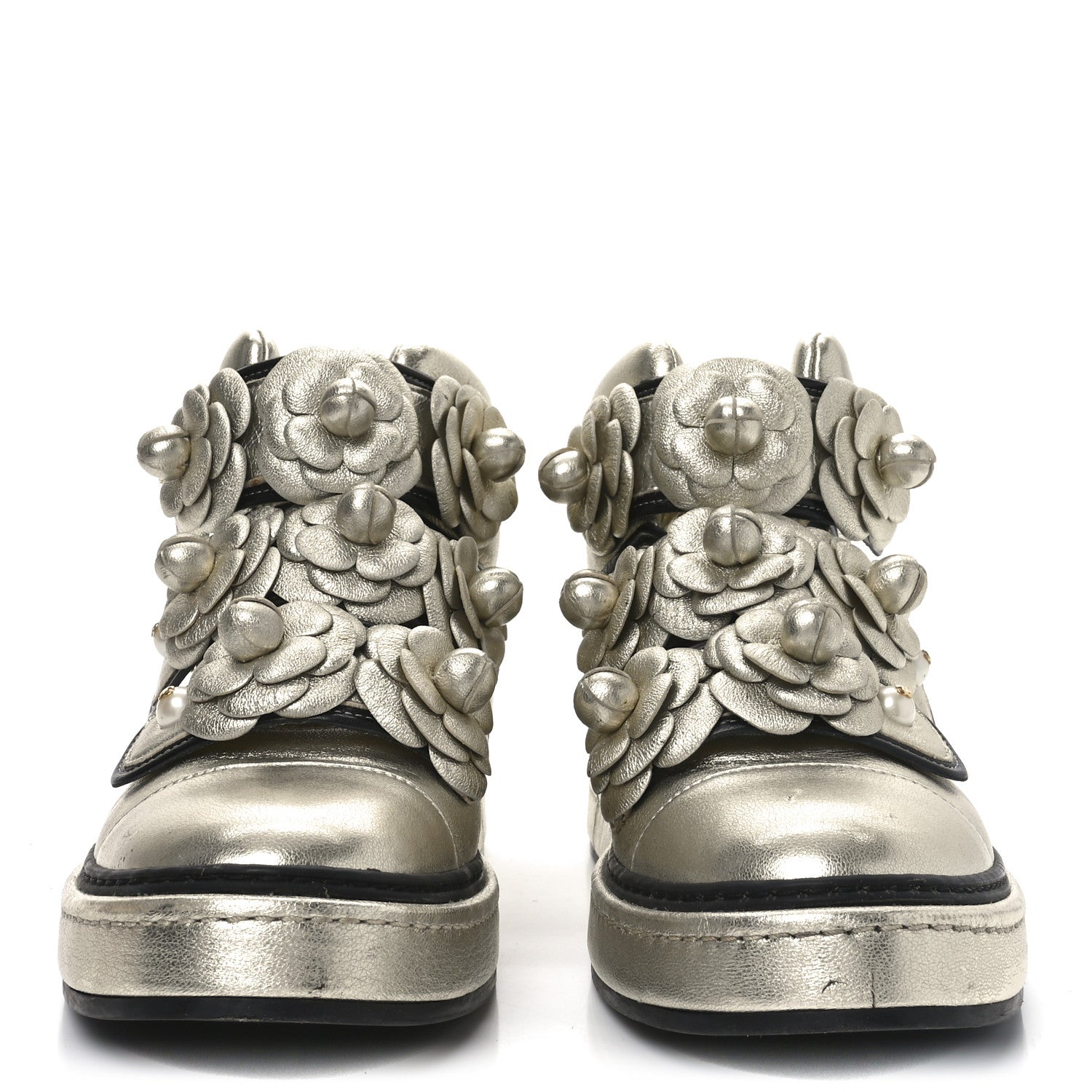 Metallic Lambskin Camellia High Top Sneakers 39.5 Gold
