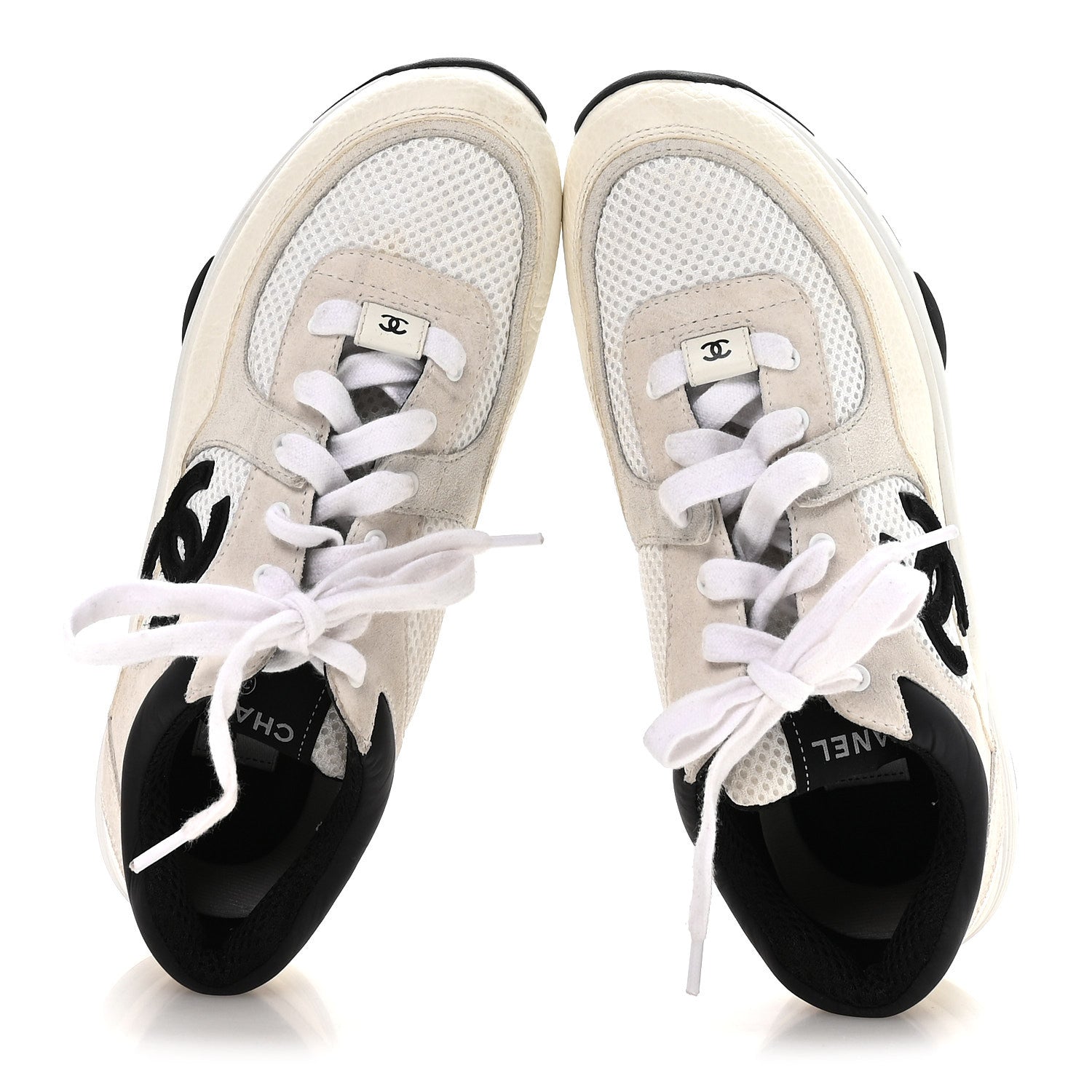 Mesh Suede Calfskin Grained Calfskin Womens CC Sneakers 38.5 White Black