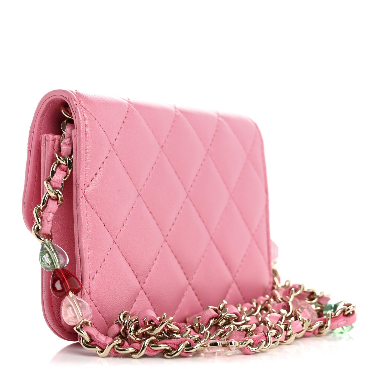 Iridescent Lambskin Quilted Heart Bead Clutch With Chain Pink
