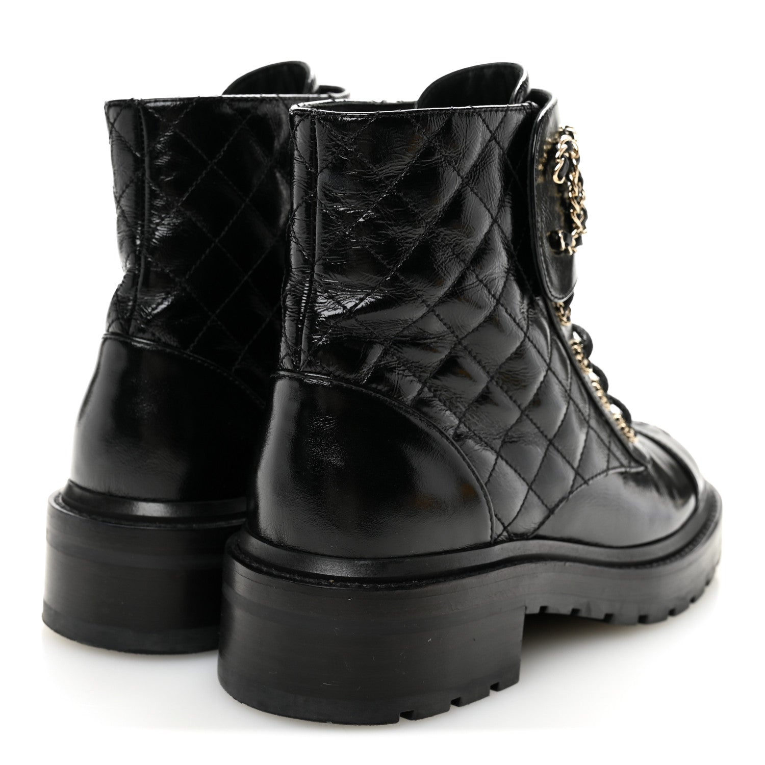Shiny Calfskin Quilted Lace Up Combat Boots 37.5 Black