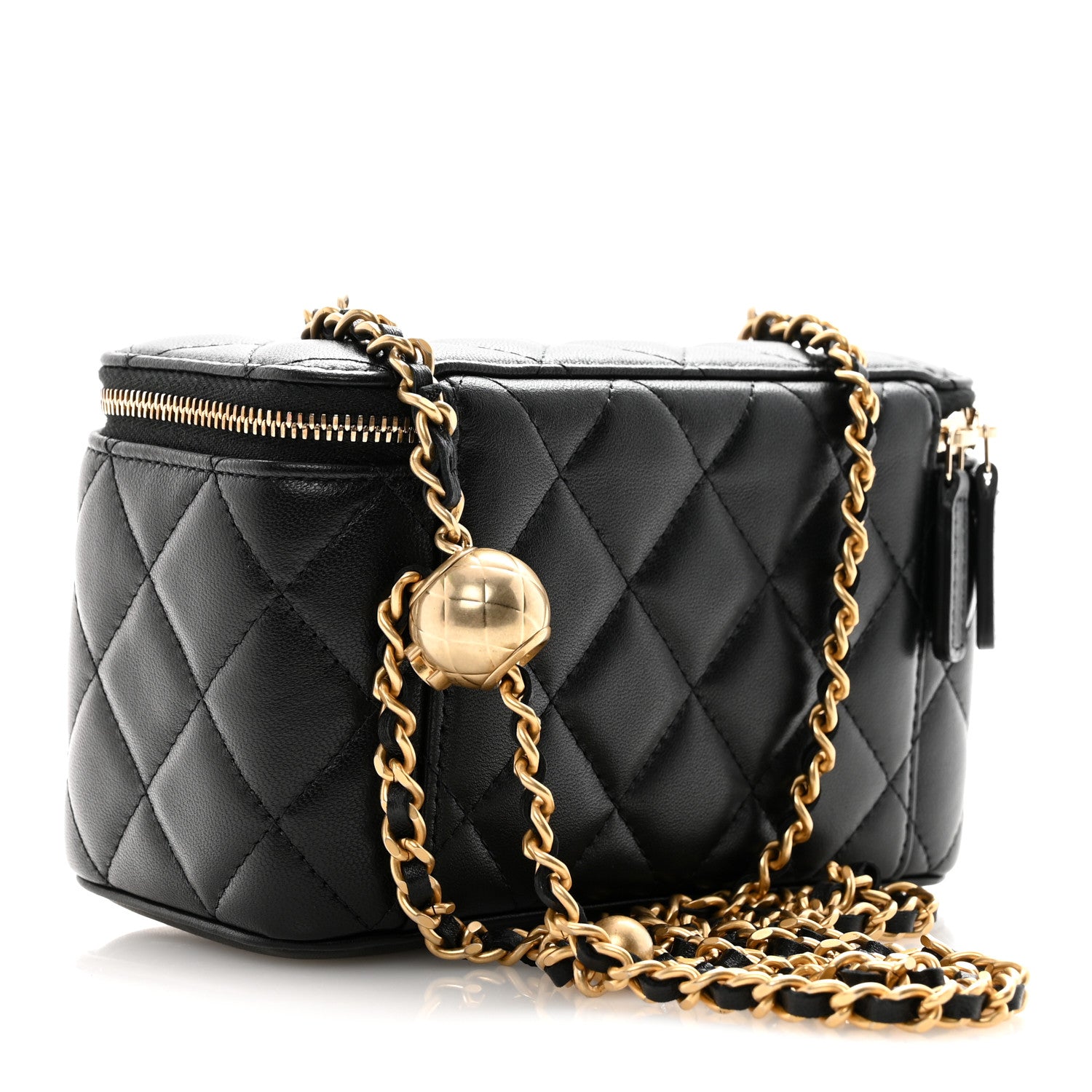 Lambskin Quilted Pearl Crush Small Vanity Case With Chain Black