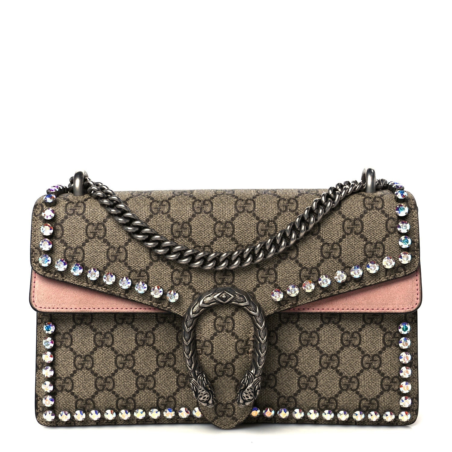 GG Supreme Monogram Suede Crystal Small Dionysus Shoulder Bag Beige Ebony Light Peonia