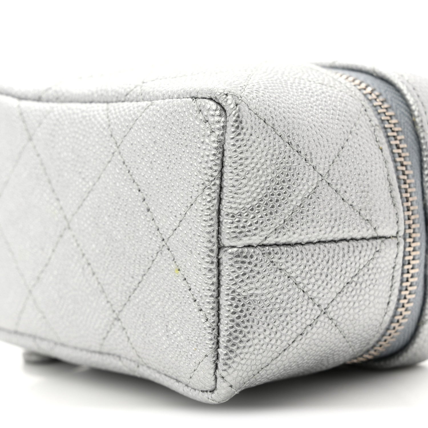 Metallic Caviar Quilted Mini Top Handle Vanity With Chain Silver