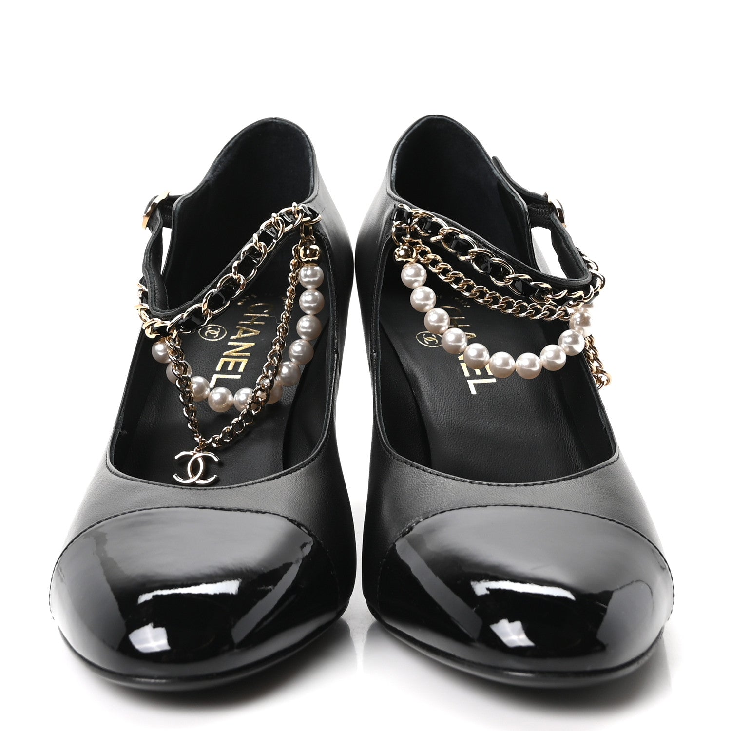 Shiny Lambskin Patent Calfskin Cap Toe Ankle Pearl Chain Pumps 39.5 Black