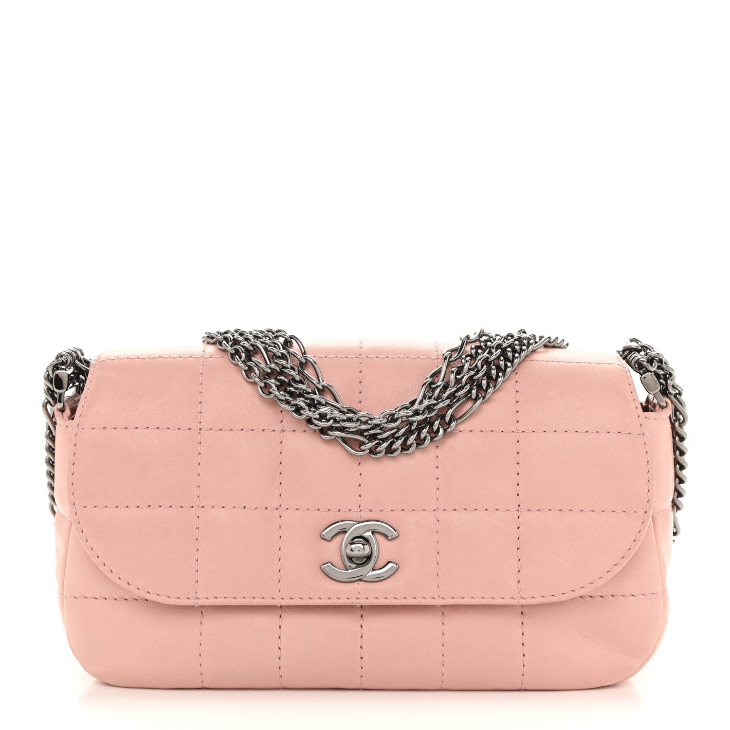 Lambskin Quilted Chocolate Bar 4 Chain Flap Pink