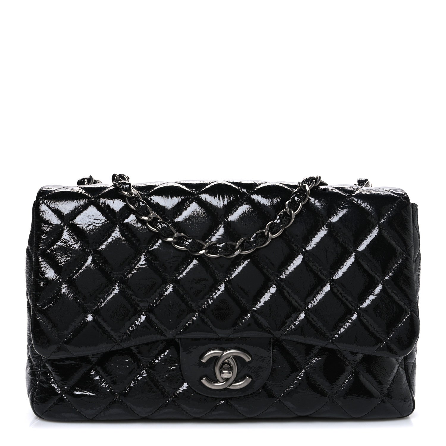 Crinkled Patent Quilted Jumbo Single Flap Black
