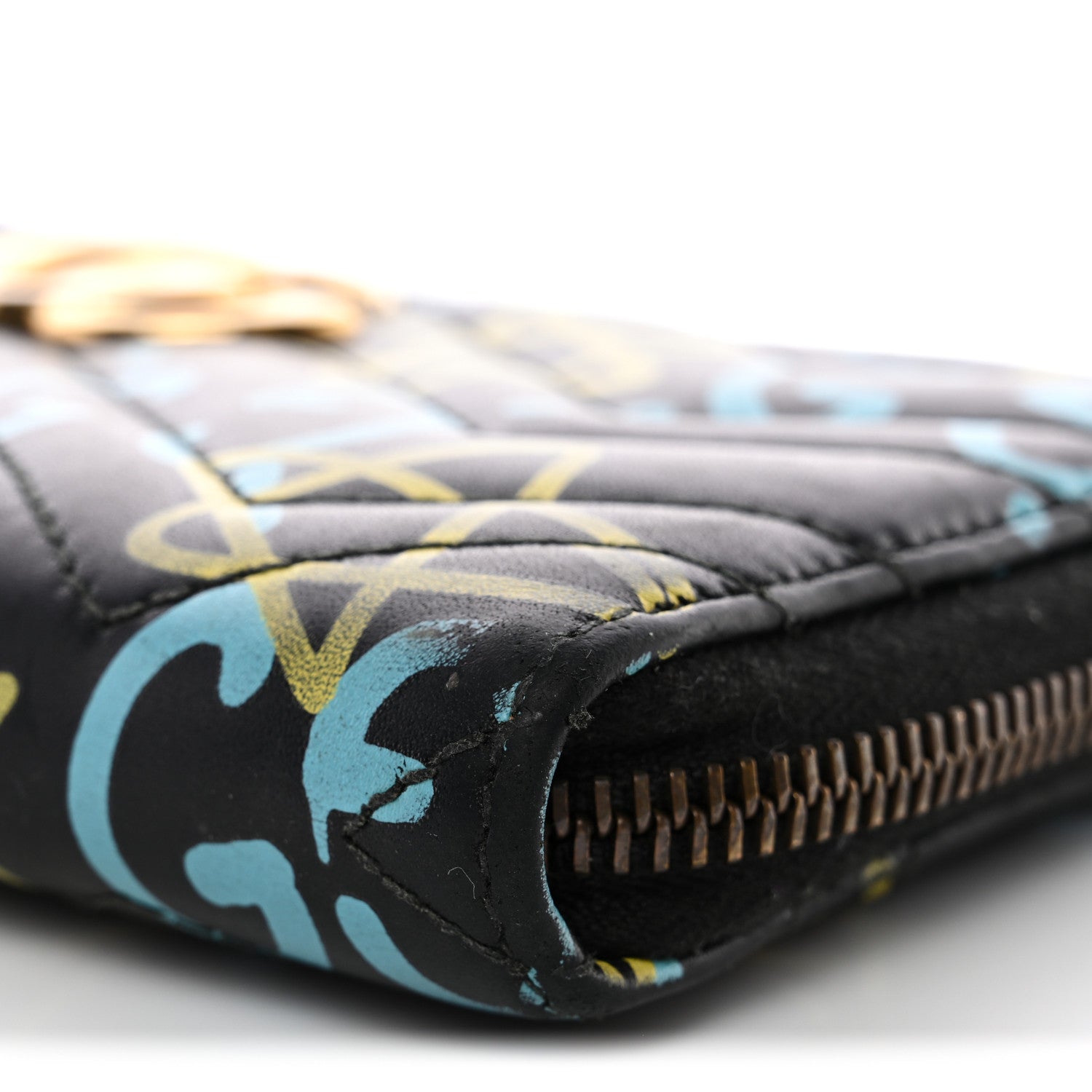 Calfskin Matelasse GucciGhost GG Marmont Zip Around Wallet Black New Acquamarine