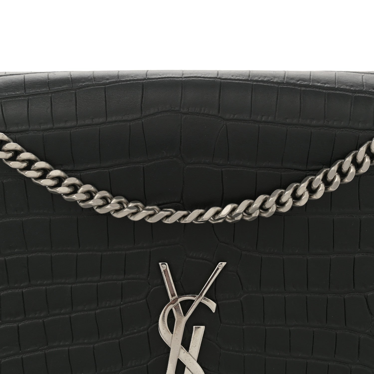 Calfskin Crocodile Embossed Large Classic Monogram Kate Satchel Black