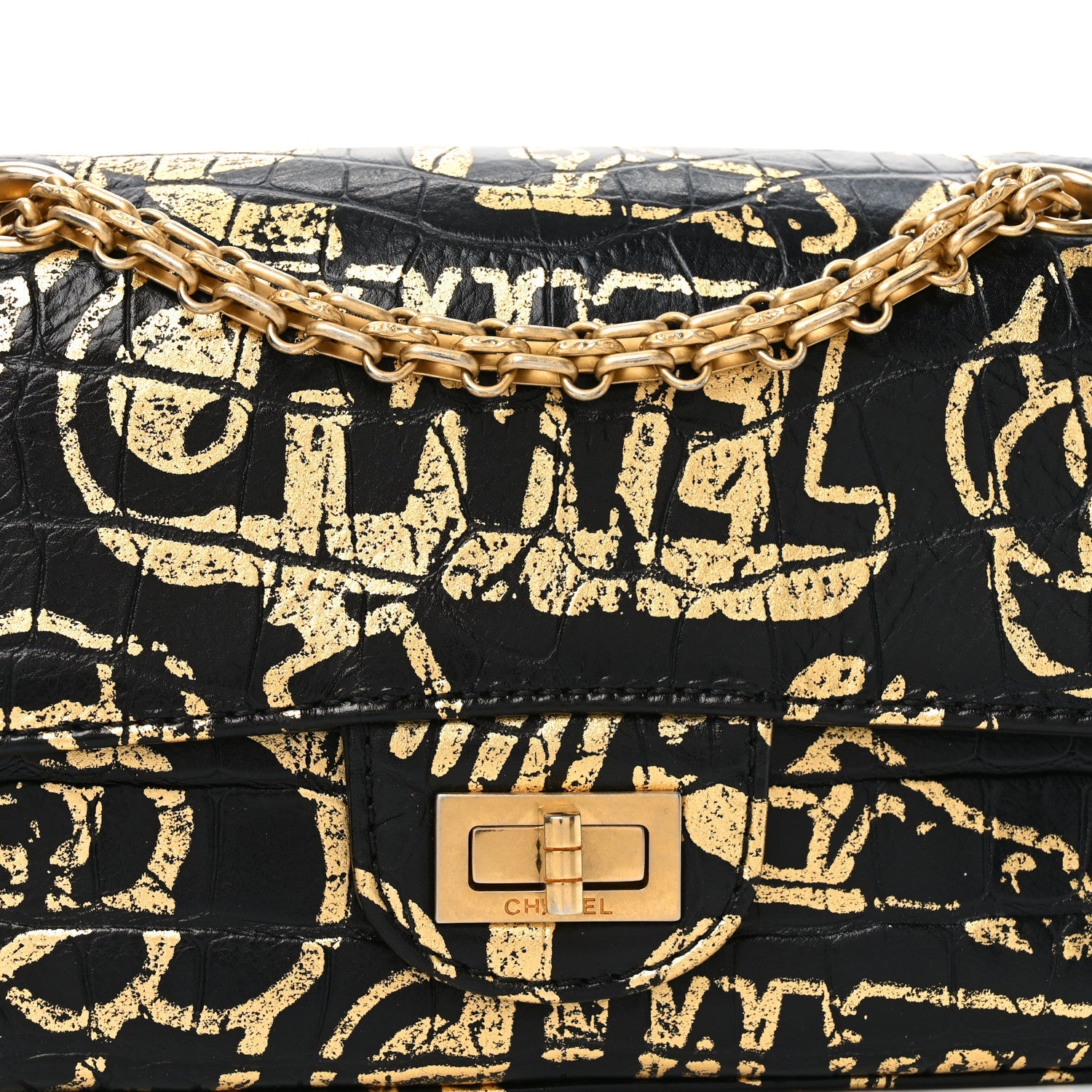 Calfskin Crocodile Embossed Graffiti 2.55 Mini Cocodile Reissue Flap Black Gold