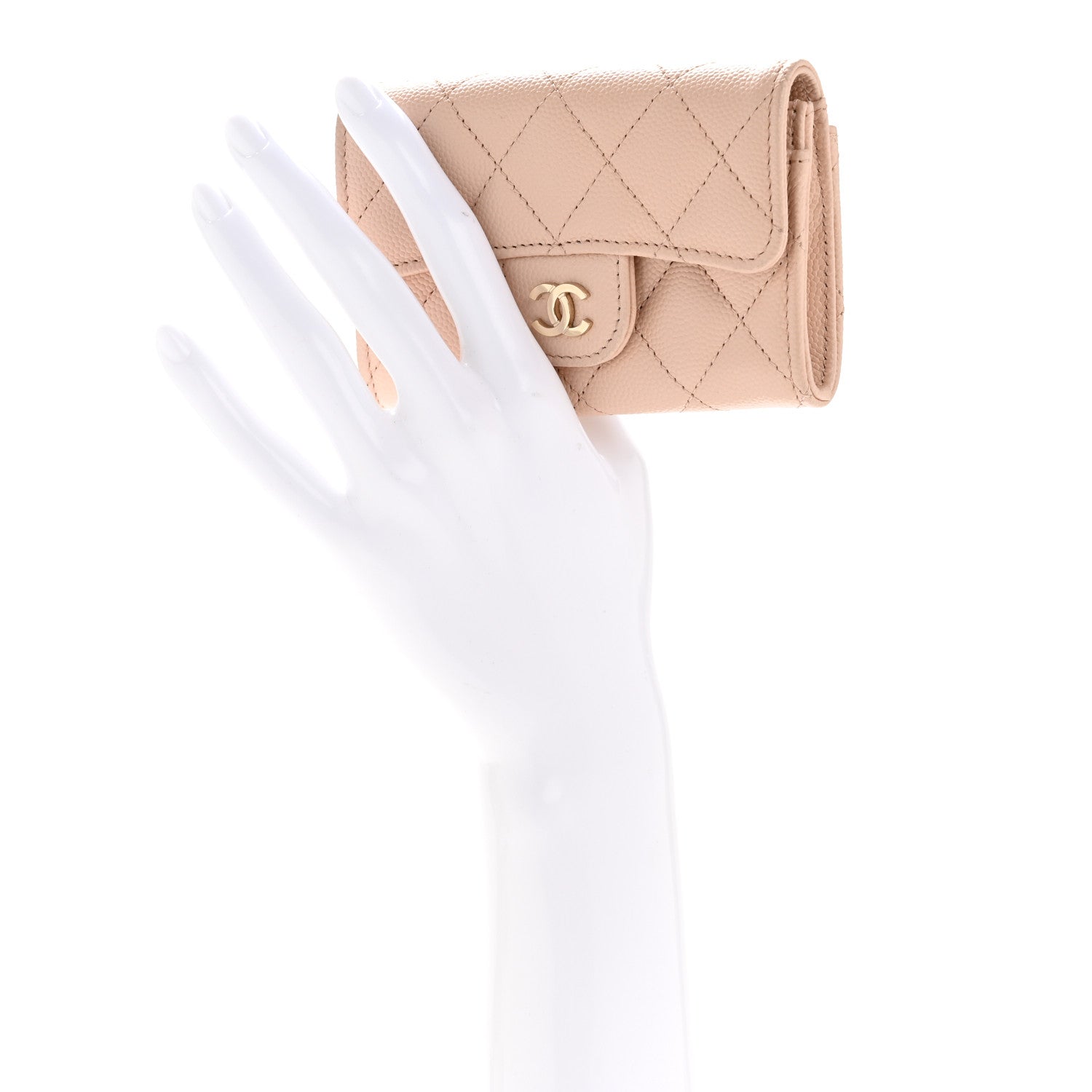 Caviar Quilted Flap Card Holder Wallet Light Beige