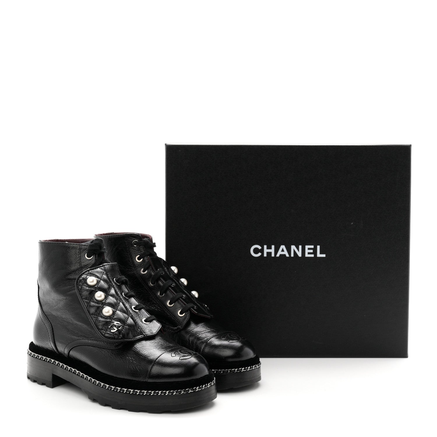 Crackled Calfskin Velvet Pearl Combat Short Boots 38 Black