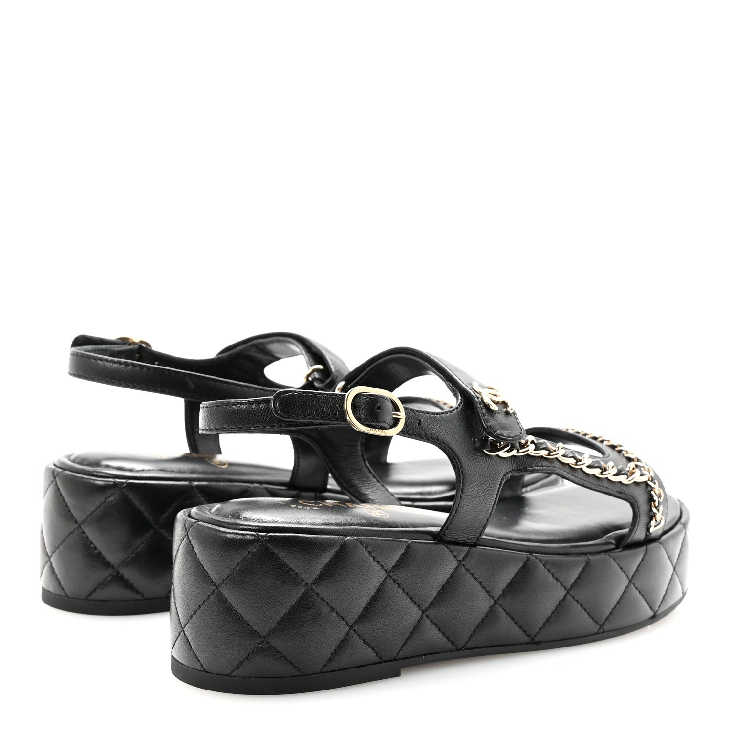 Lambskin Quilted Chain CC Platform Sandals 38.5 Black