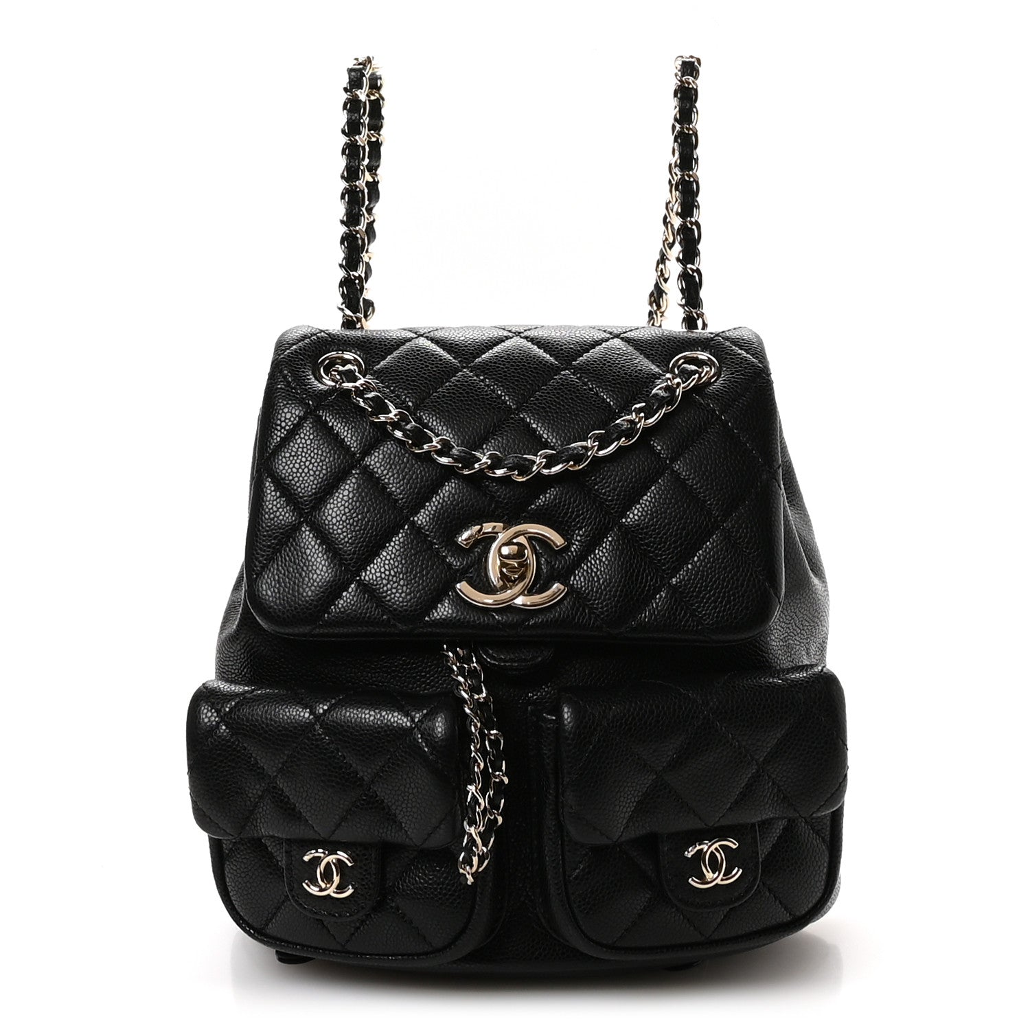 Shiny Caviar Quilted Medium Duma Pockets Drawstring Backpack Black