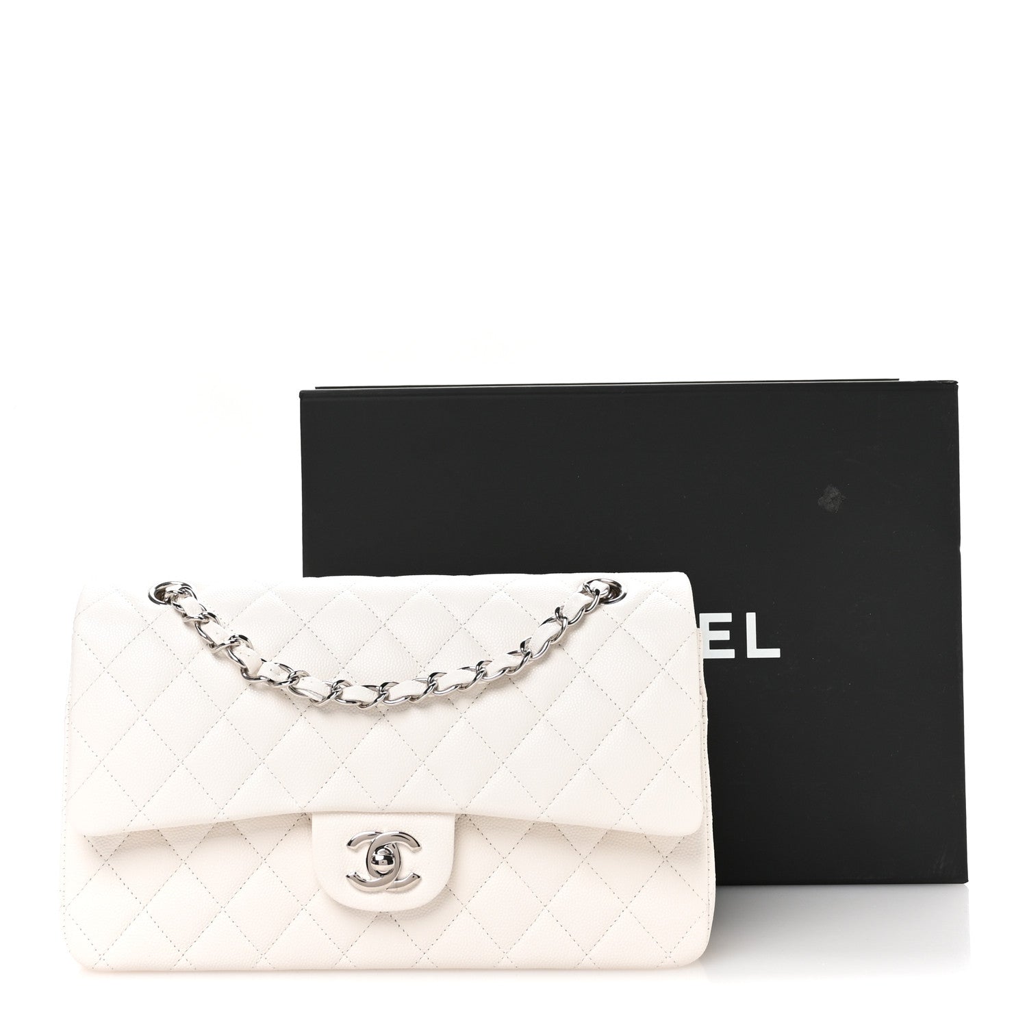 Caviar Quilted Medium Double Flap White