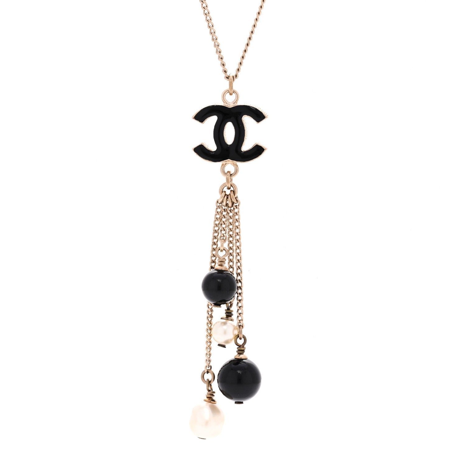 Enamel Bead Pearl CC Drop Necklace Black Gold