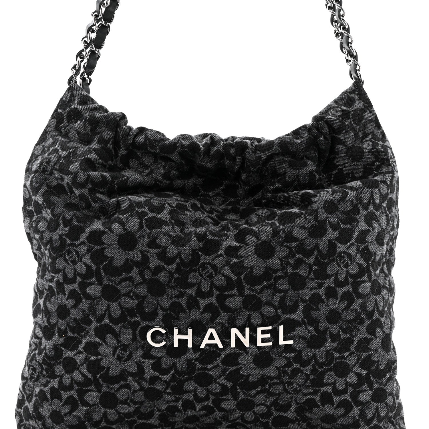 Denim Quilted Floral Print Small Chanel 22 Black