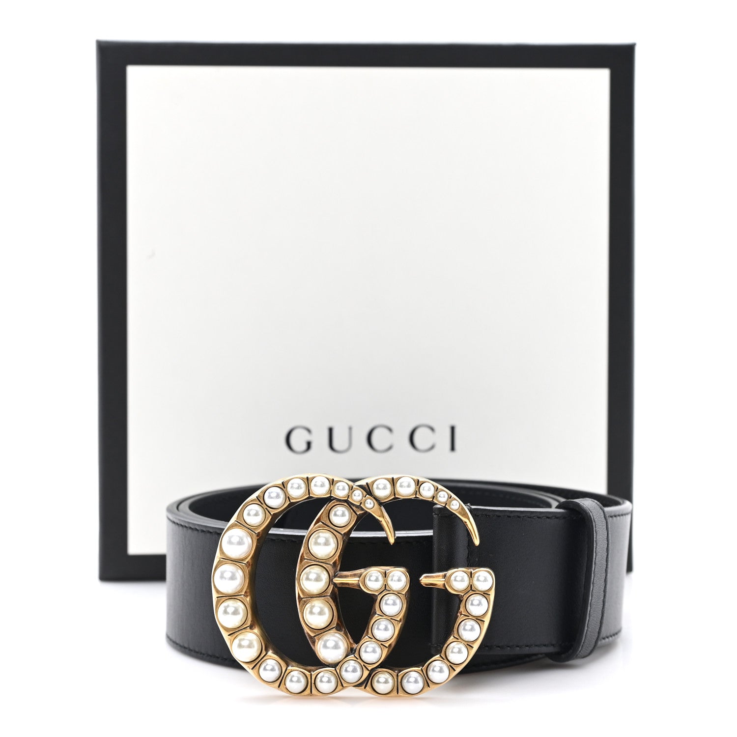 Moon Calfskin Pearl Double G 40mm Belt 85 34 Black Cream
