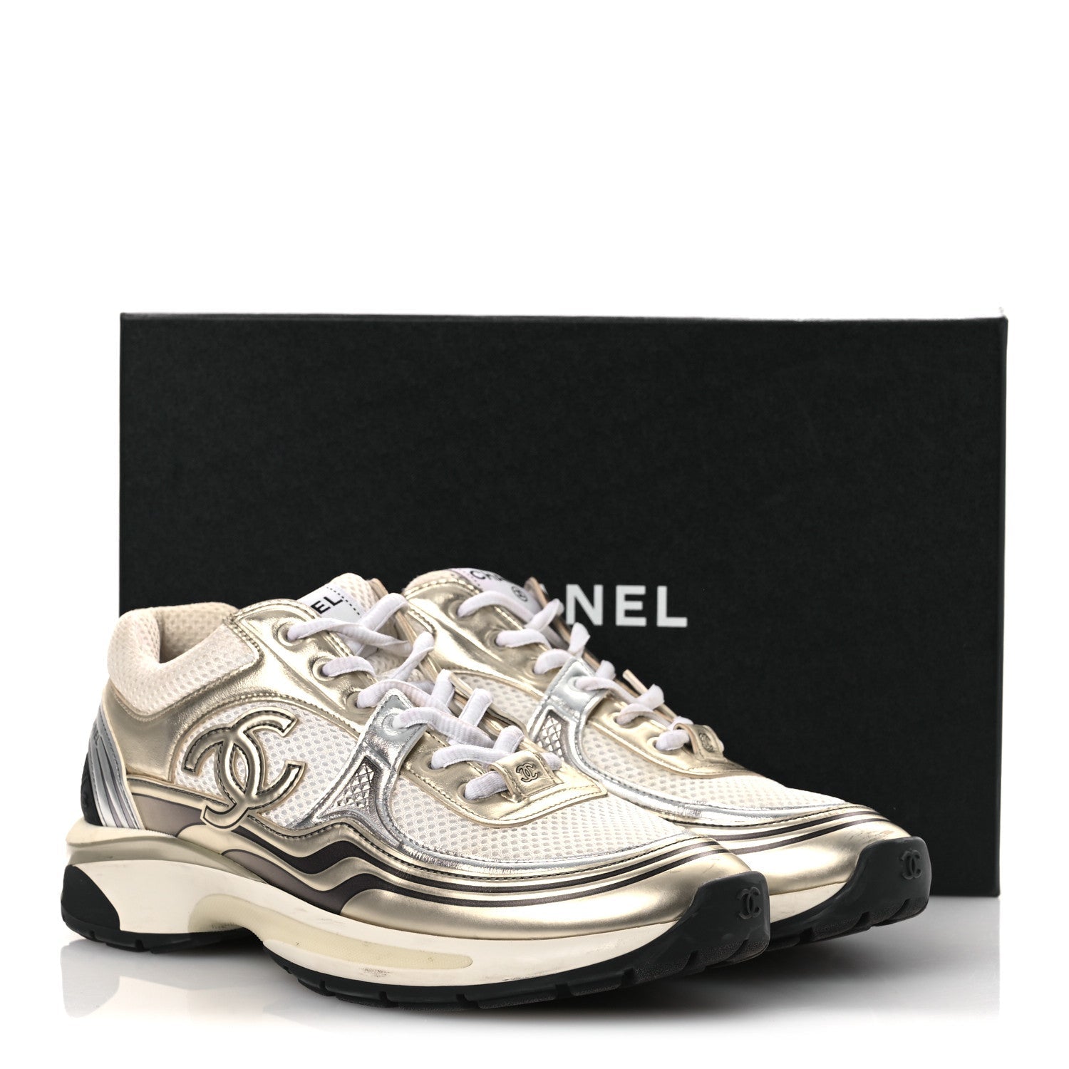 Fabric Laminated Calfskin Stretch CC Womens Sneakers 40 White Gold Silver
